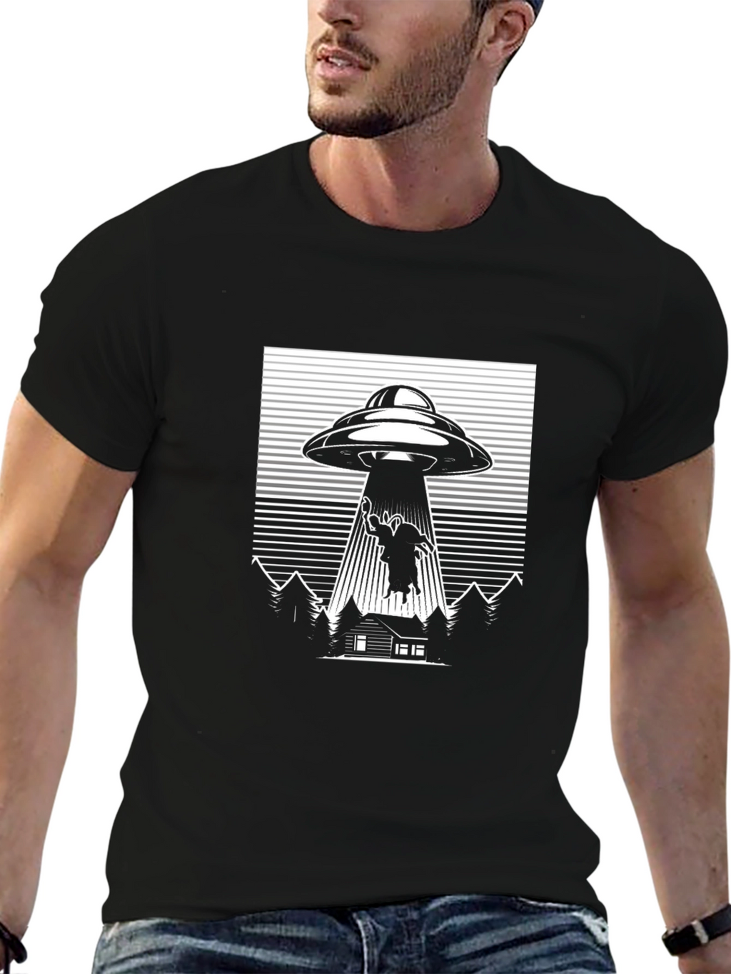 UFO Cow Abduction T-Shirt Black Graphic Tee