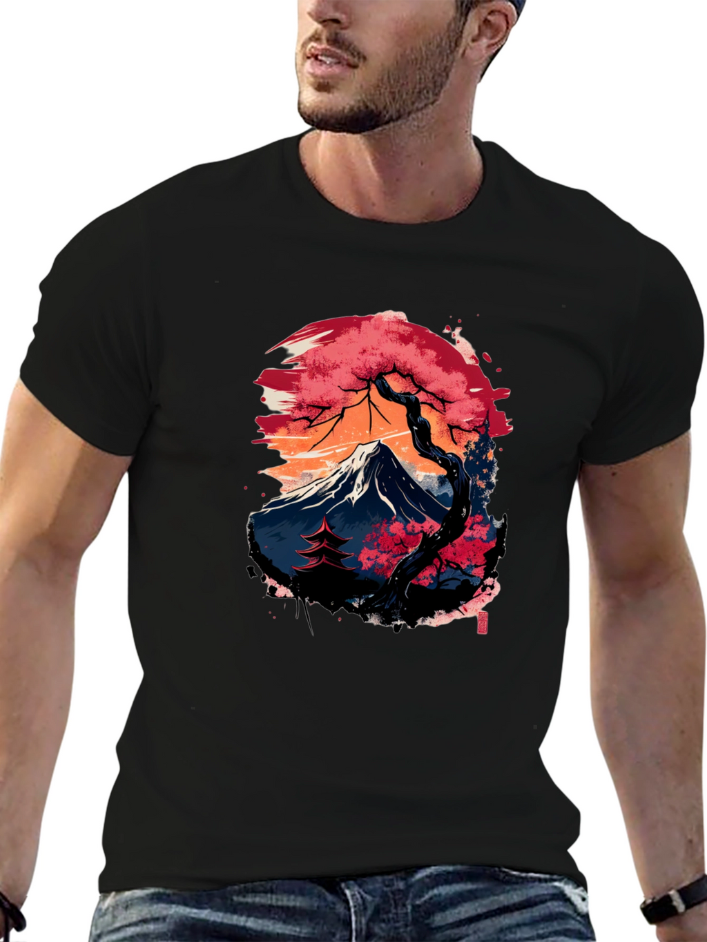 Japanese Mountain Print Black T-Shirt