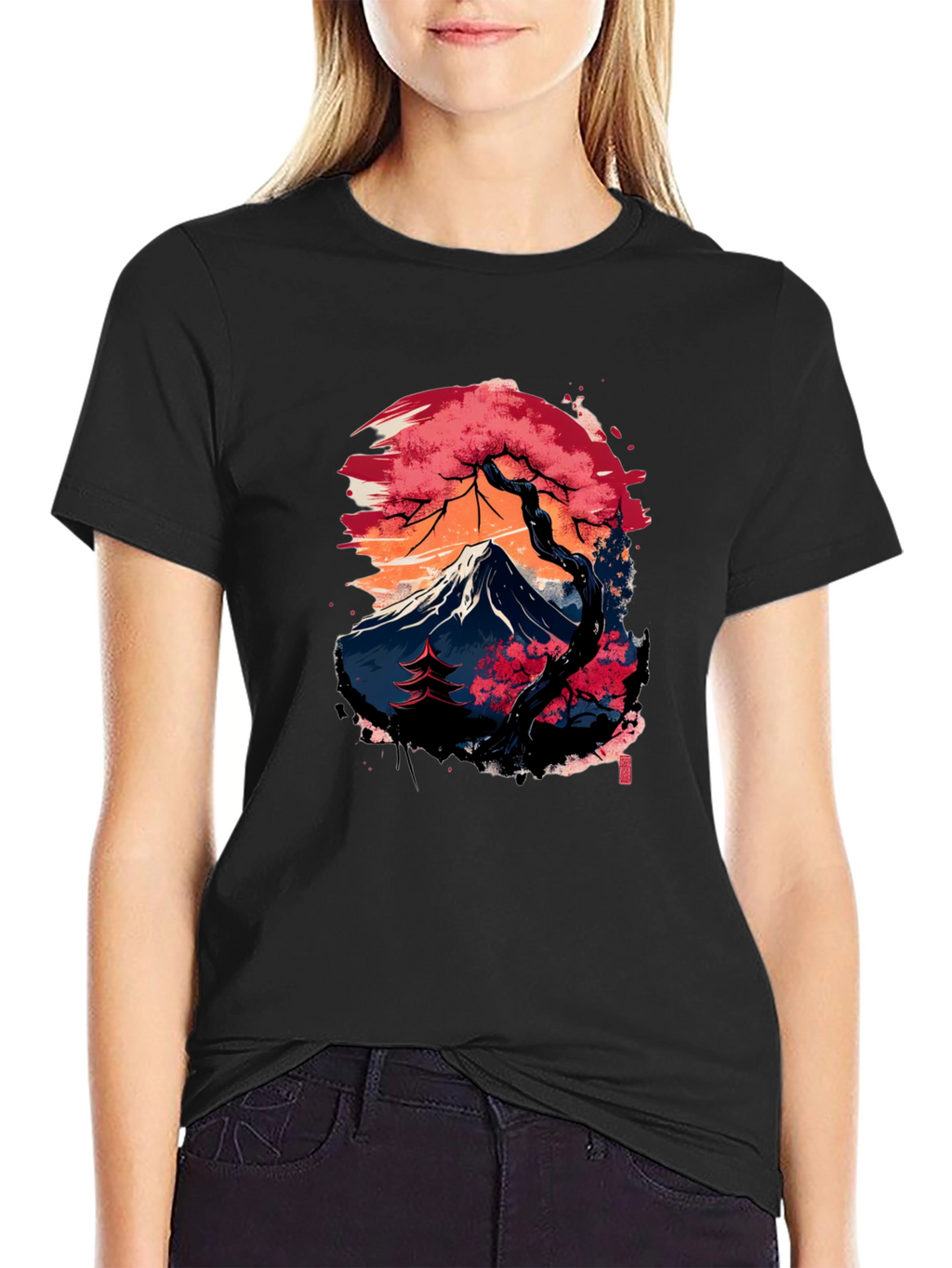 Japanese Mountain Print Black T-Shirt