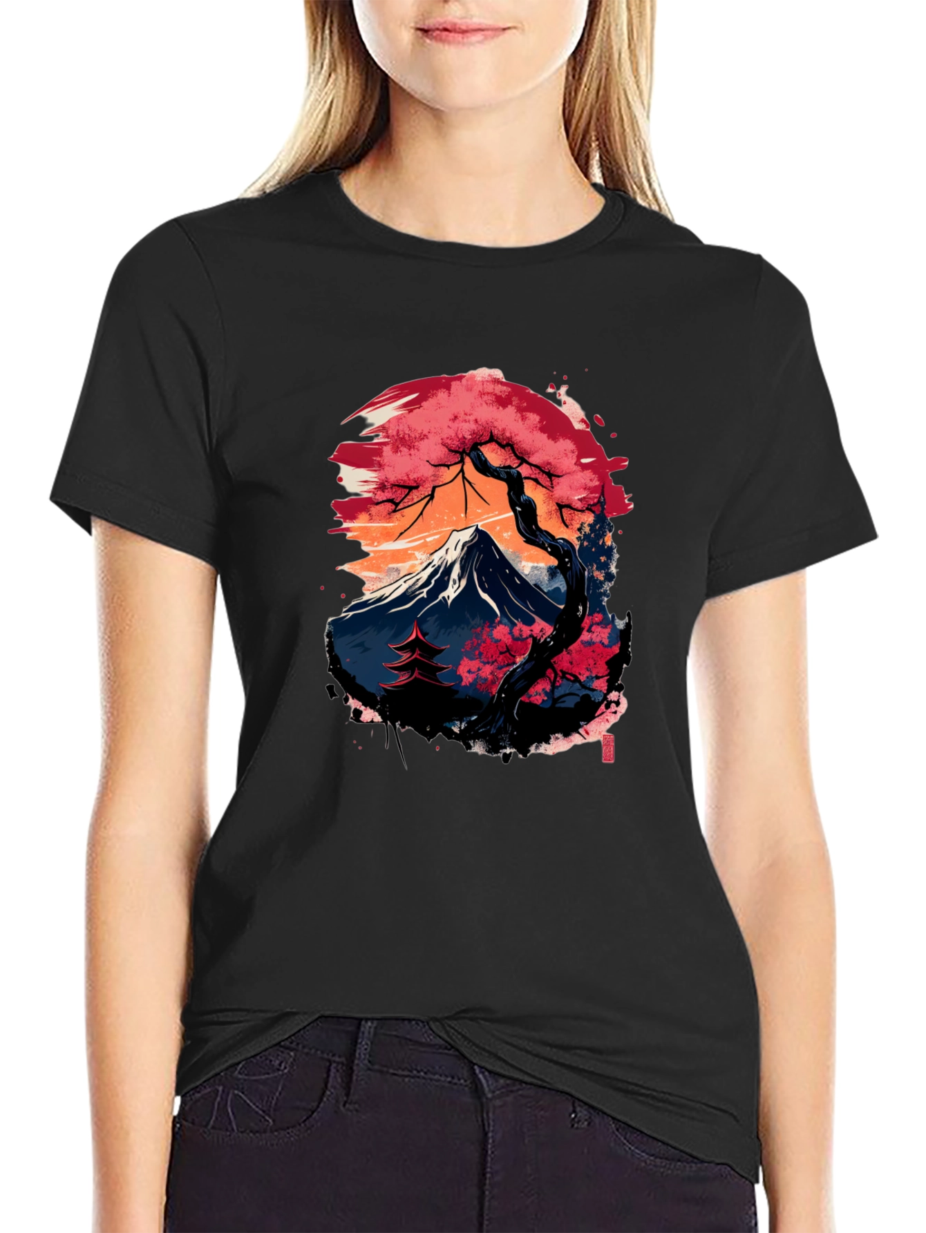 Japanese Mountain Print Black T-Shirt