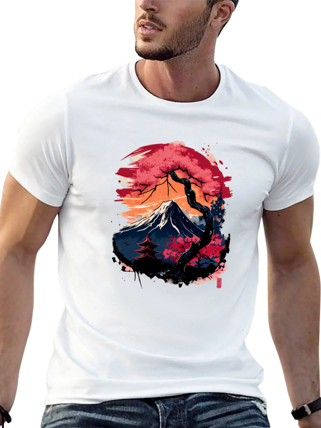 Japanese Mountain Print Black T-Shirt