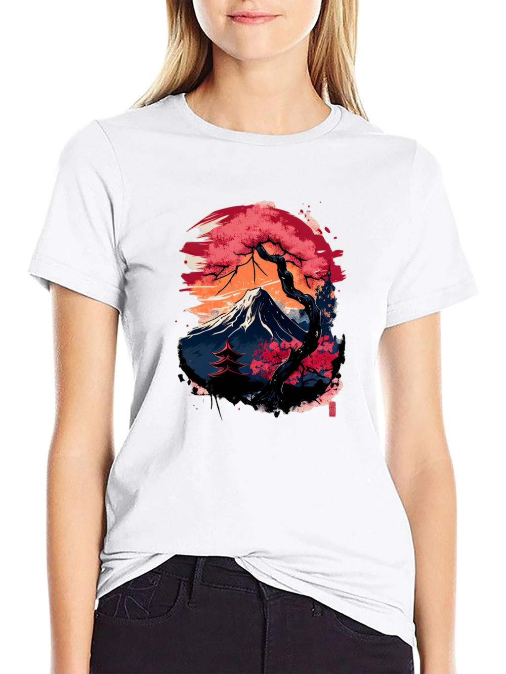 Japanese Mountain Print Black T-Shirt