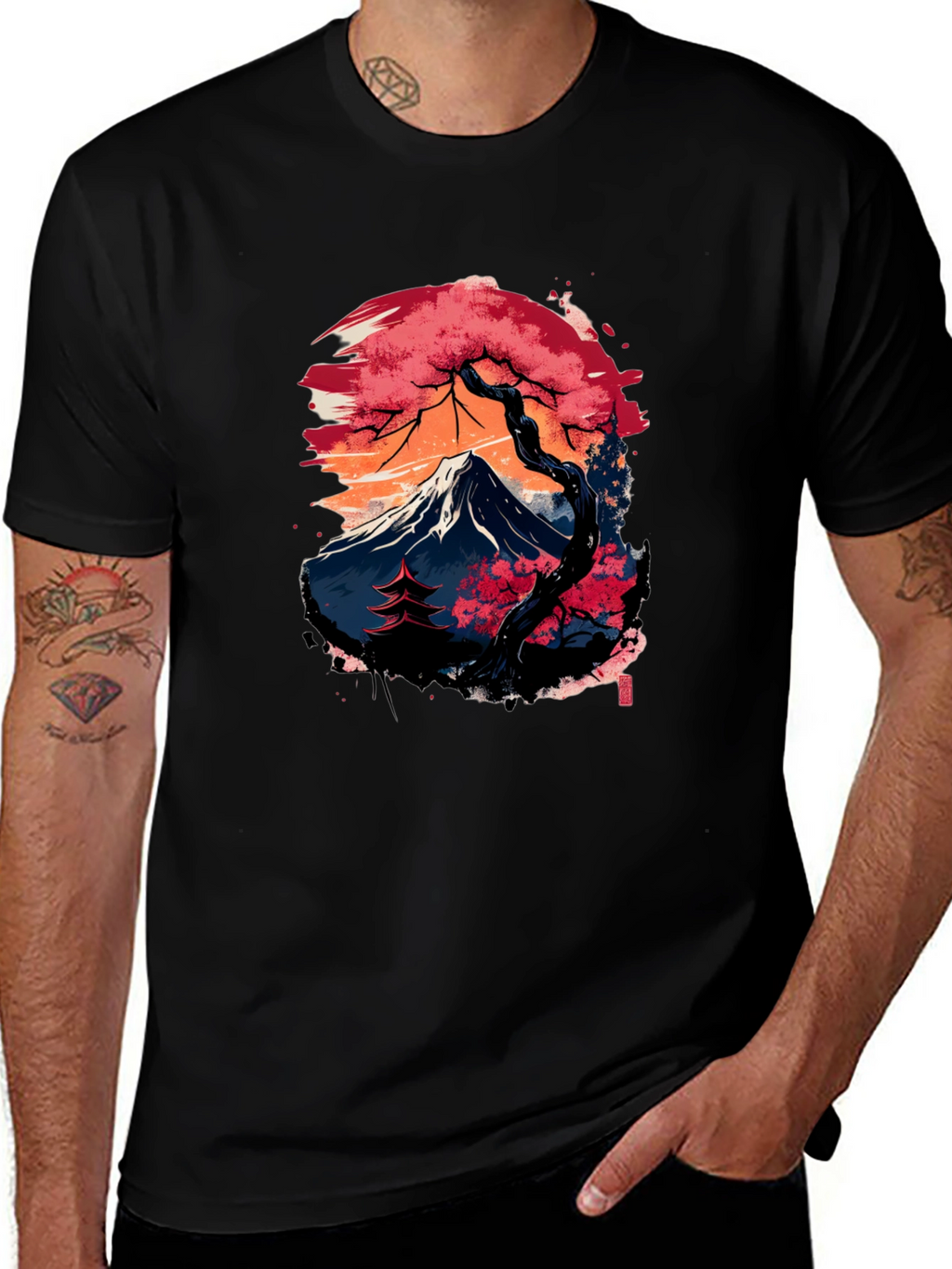 Japanese Mountain Print Black T-Shirt