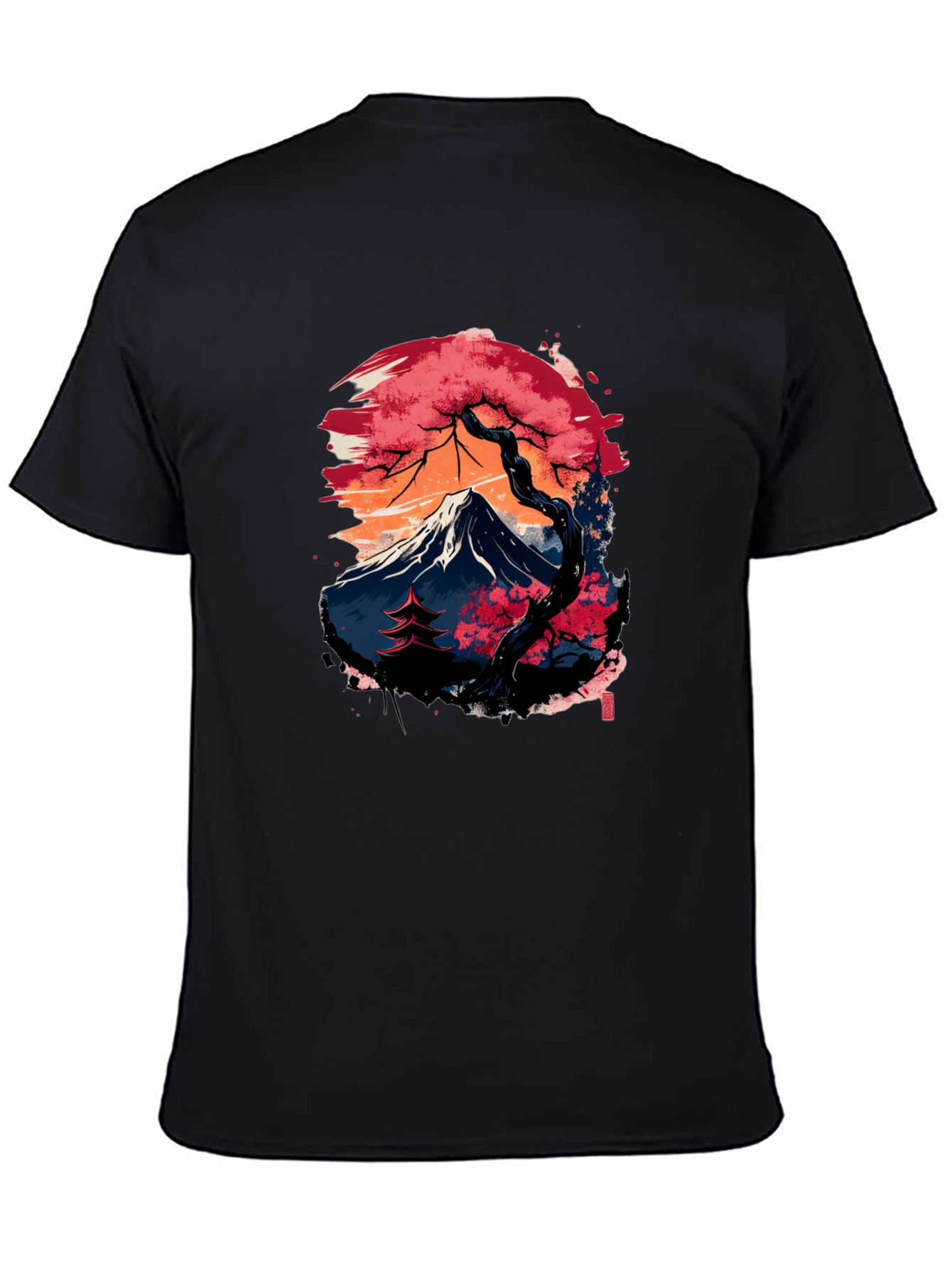 Japanese Mountain Print Black T-Shirt