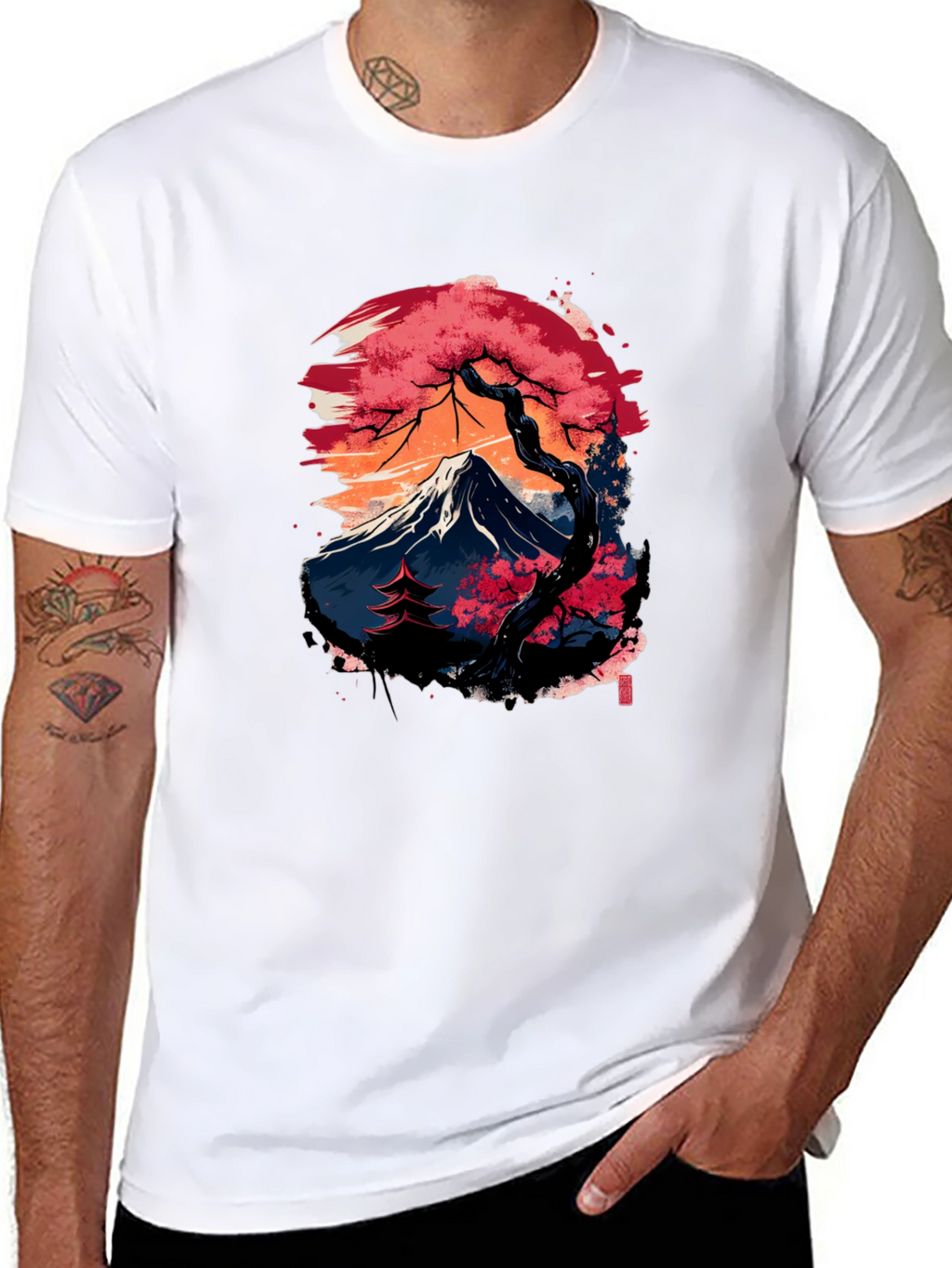 Japanese Mountain Print Black T-Shirt
