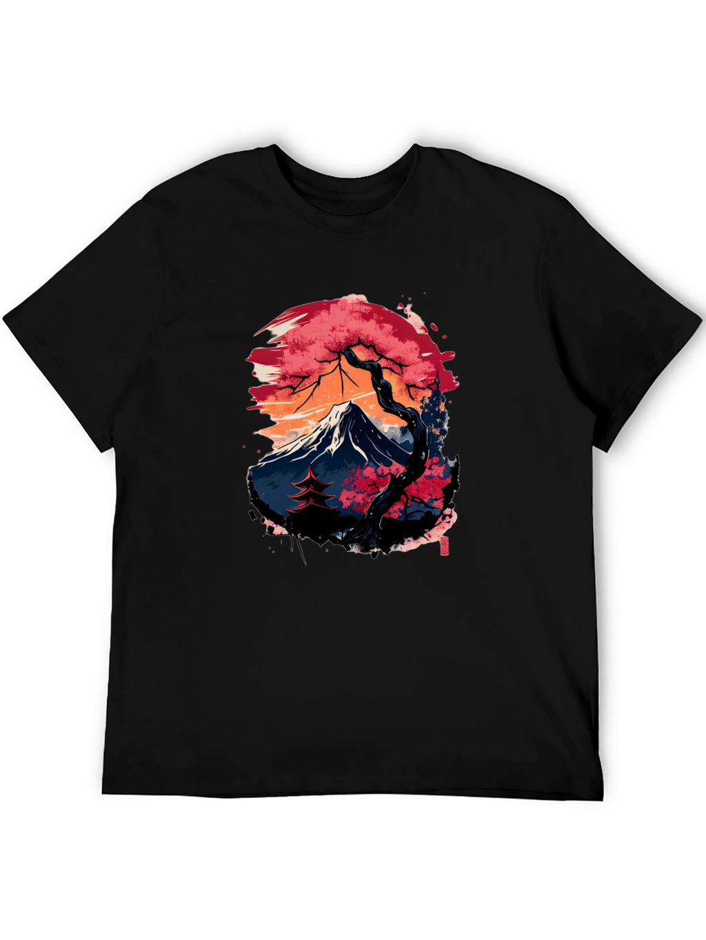 Japanese Mountain Print Black T-Shirt