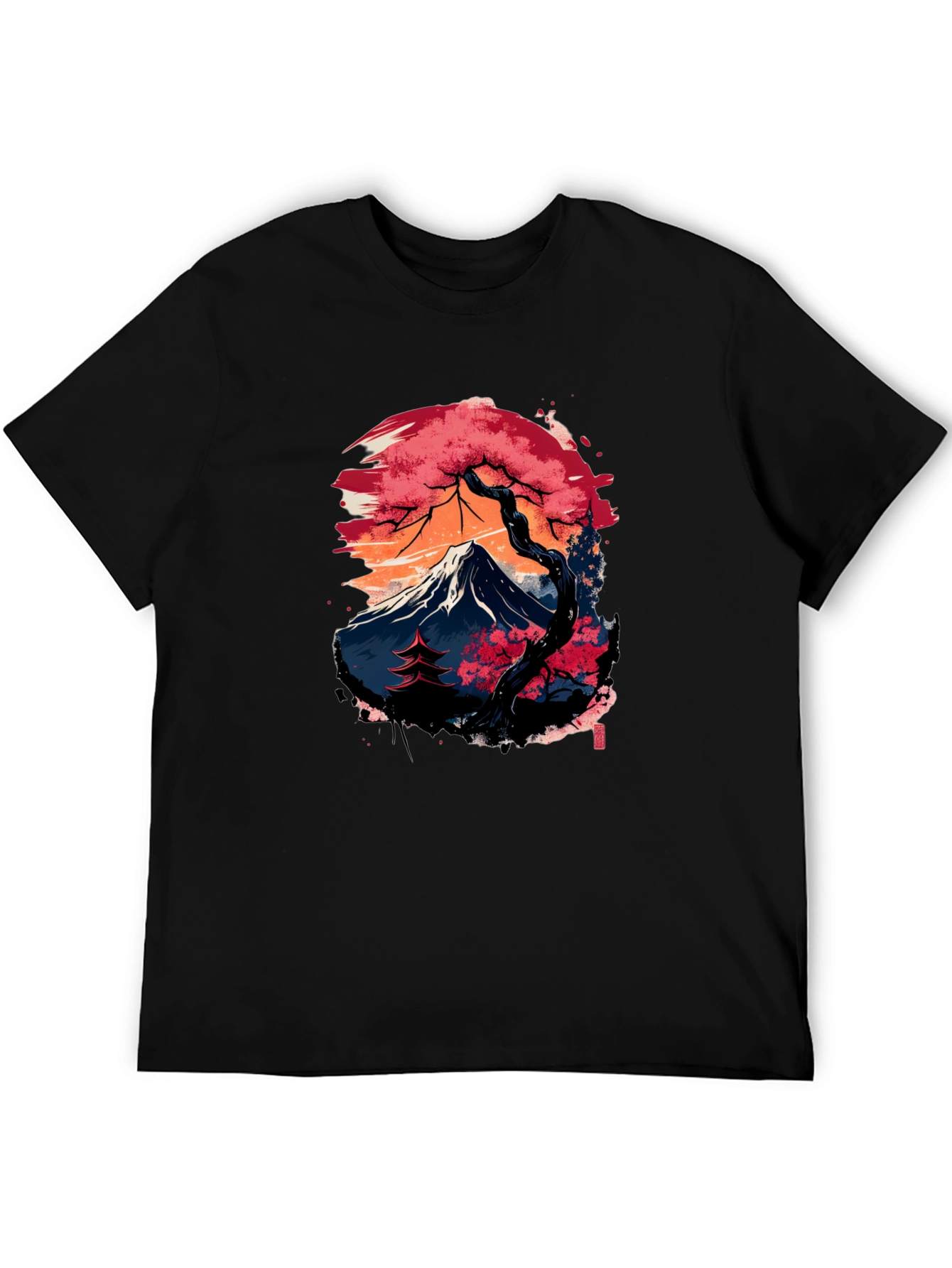 Japanese Mountain Print Black T-Shirt
