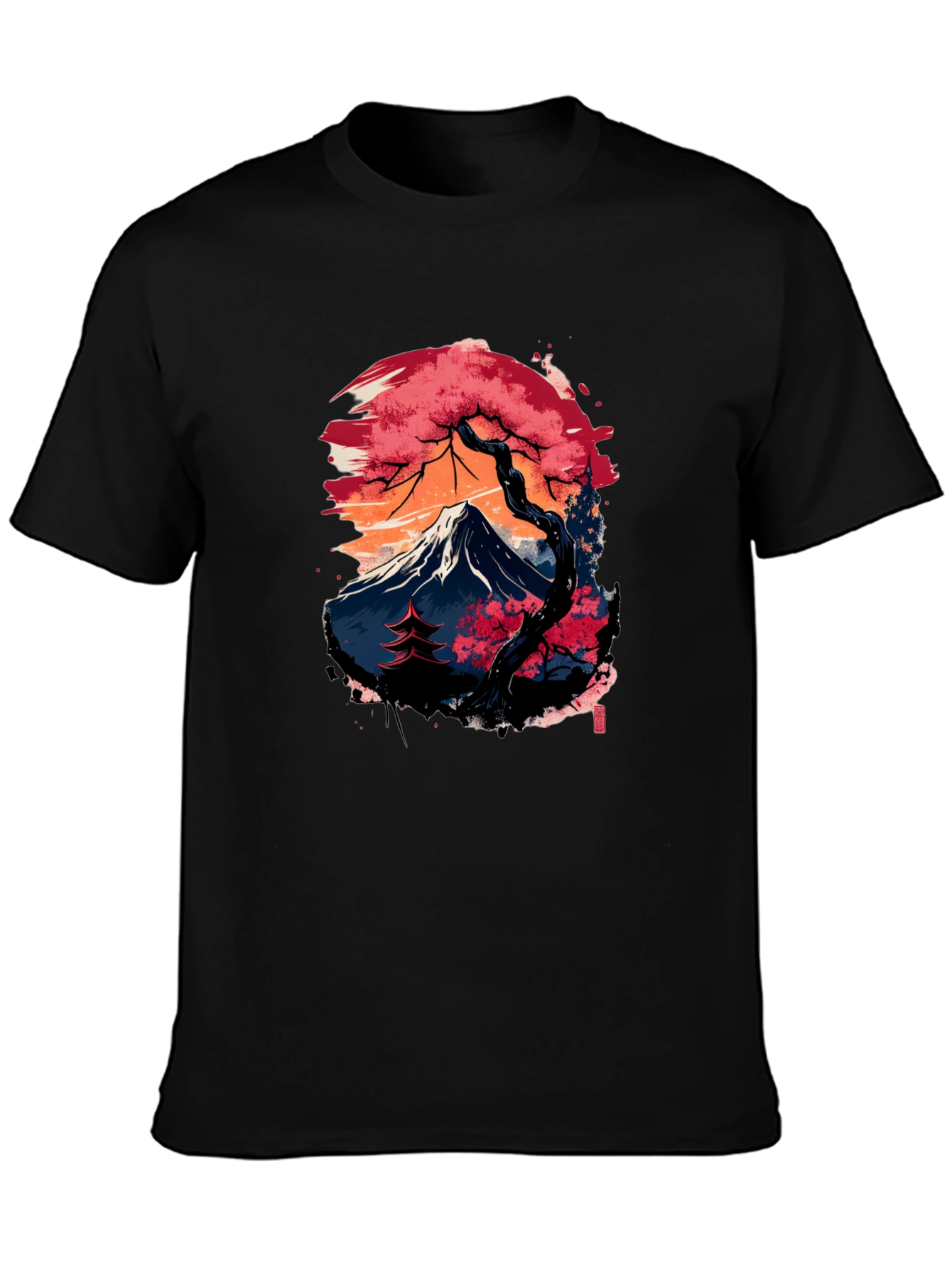Japanese Mountain Print Black T-Shirt