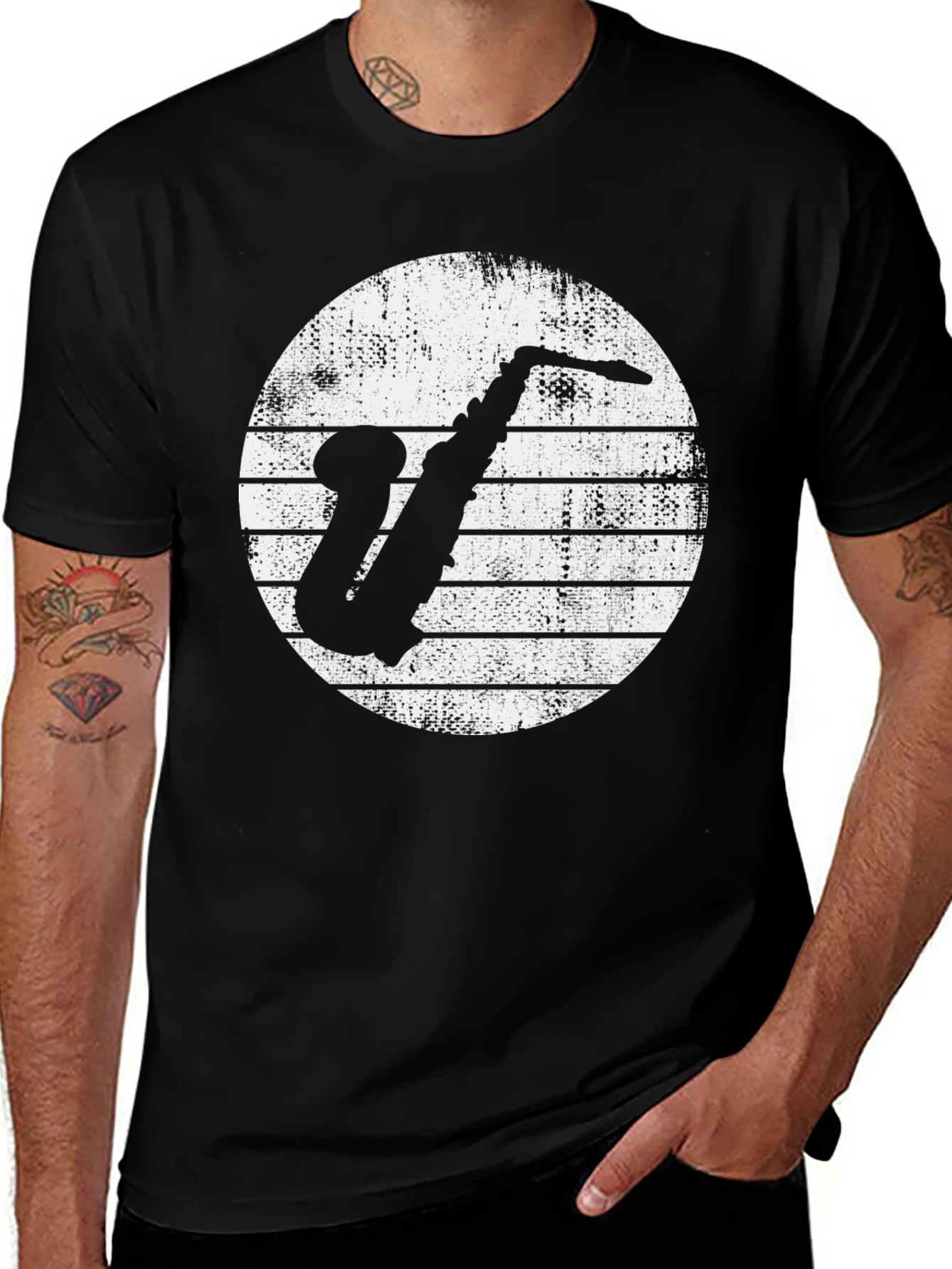 Saxophone Graphic Tee - Vintage Style Black T-Shirt