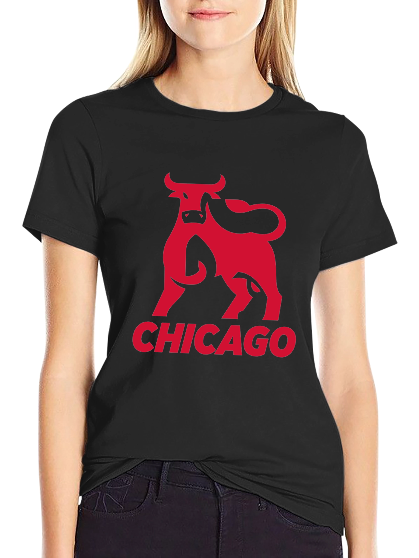 Chicago Bulls Graphic Tee - Red Bull Print on Black