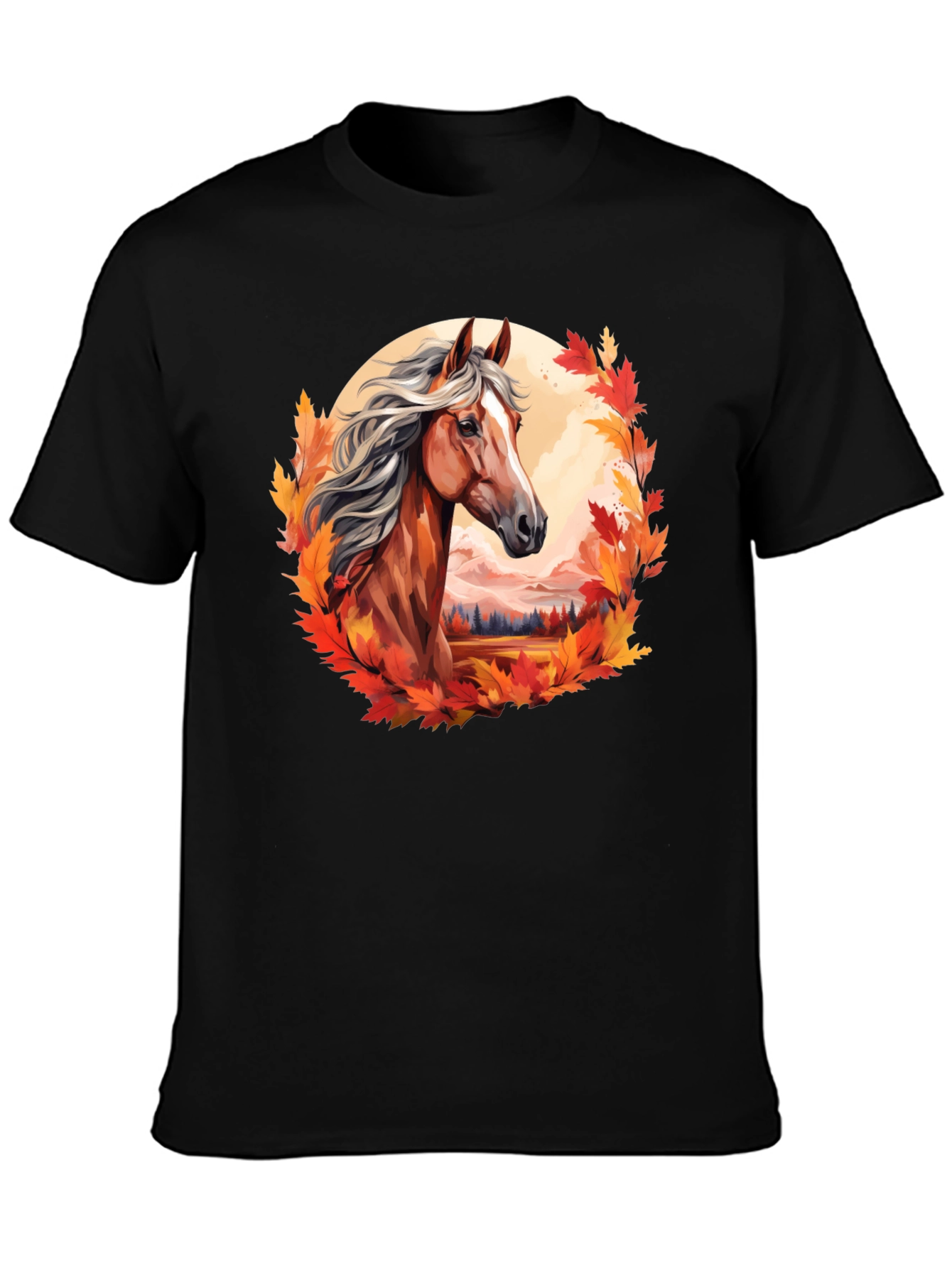 Horse & Autumn Leaves Graphic T-Shirt - Black