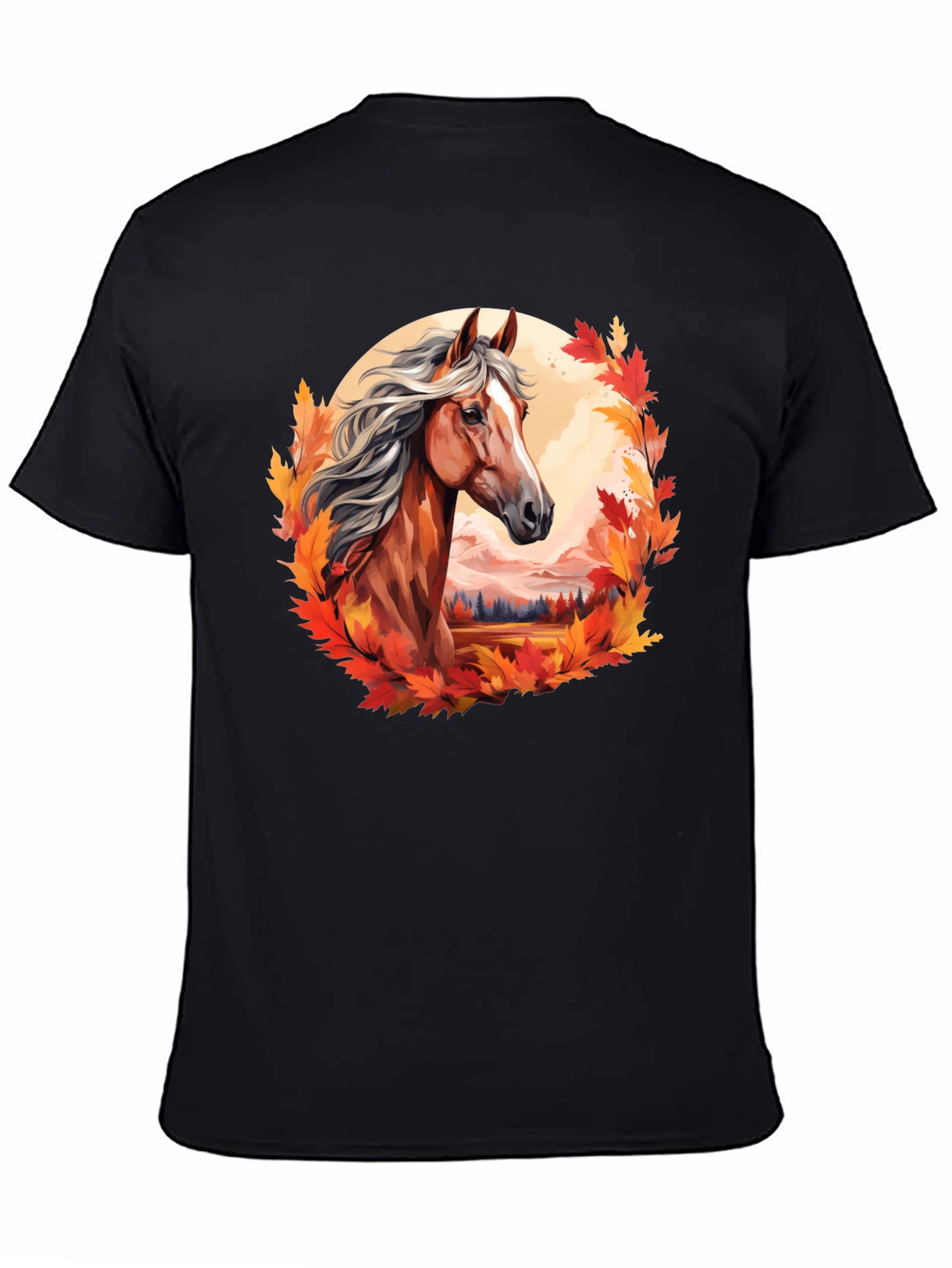 Horse & Autumn Leaves Graphic T-Shirt - Black