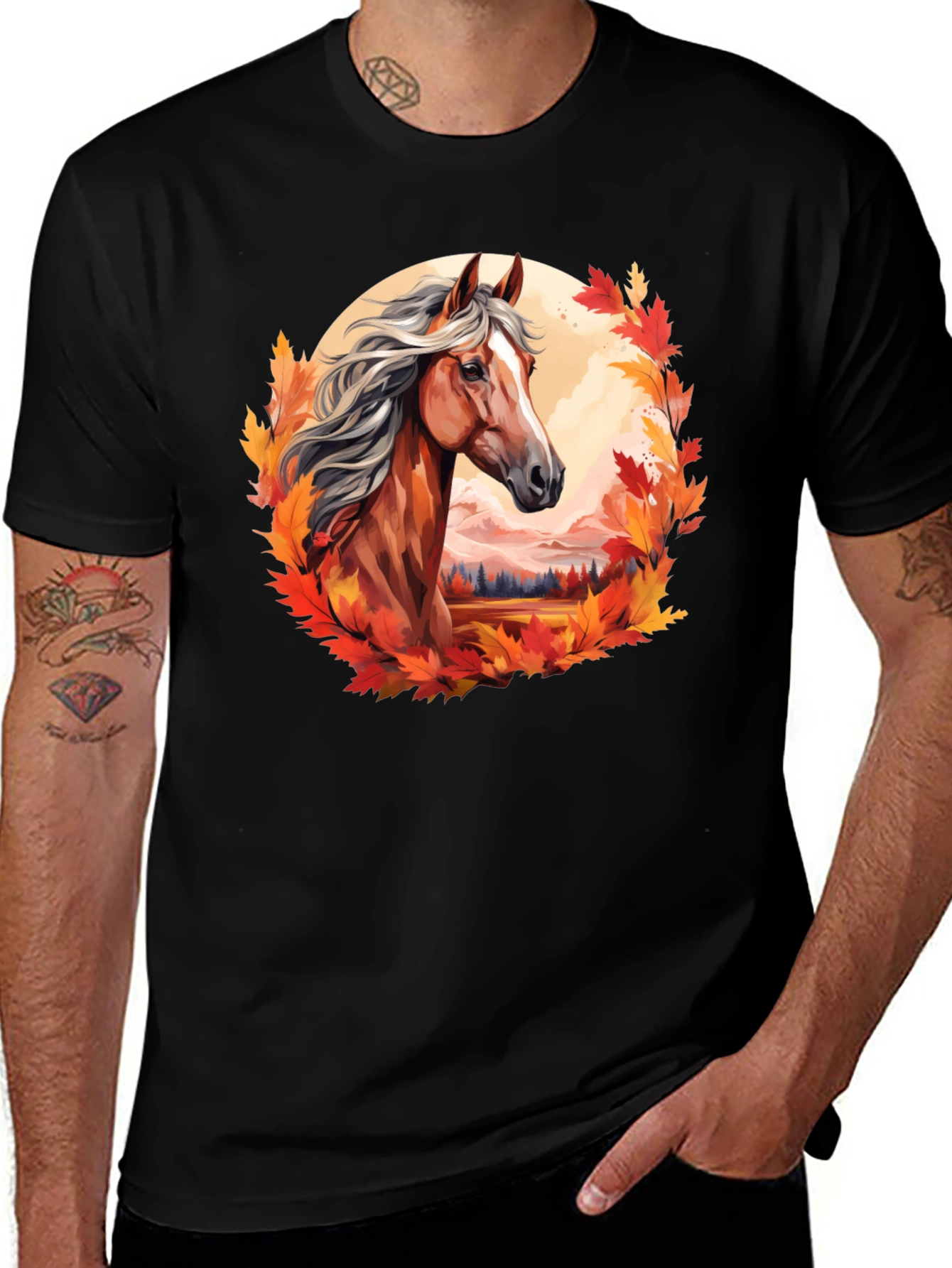 Horse & Autumn Leaves Graphic T-Shirt - Black