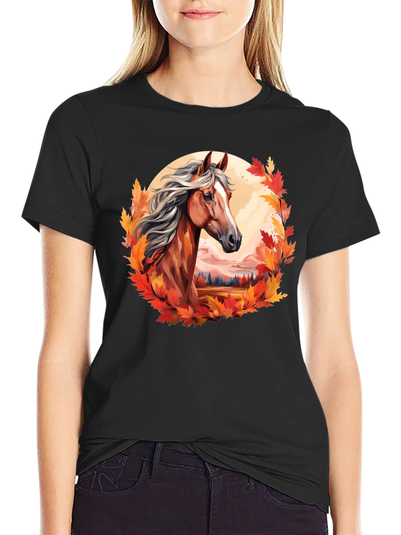 Horse & Autumn Leaves Graphic T-Shirt - Black