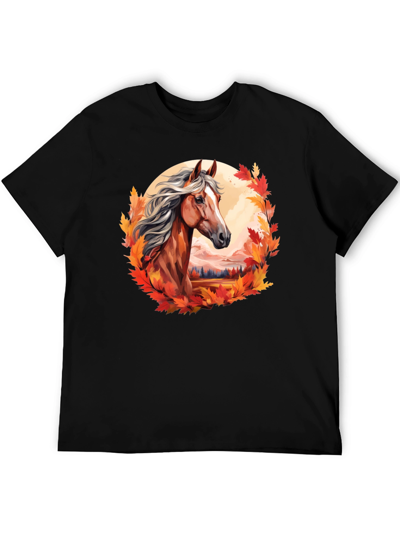 Horse & Autumn Leaves Graphic T-Shirt - Black