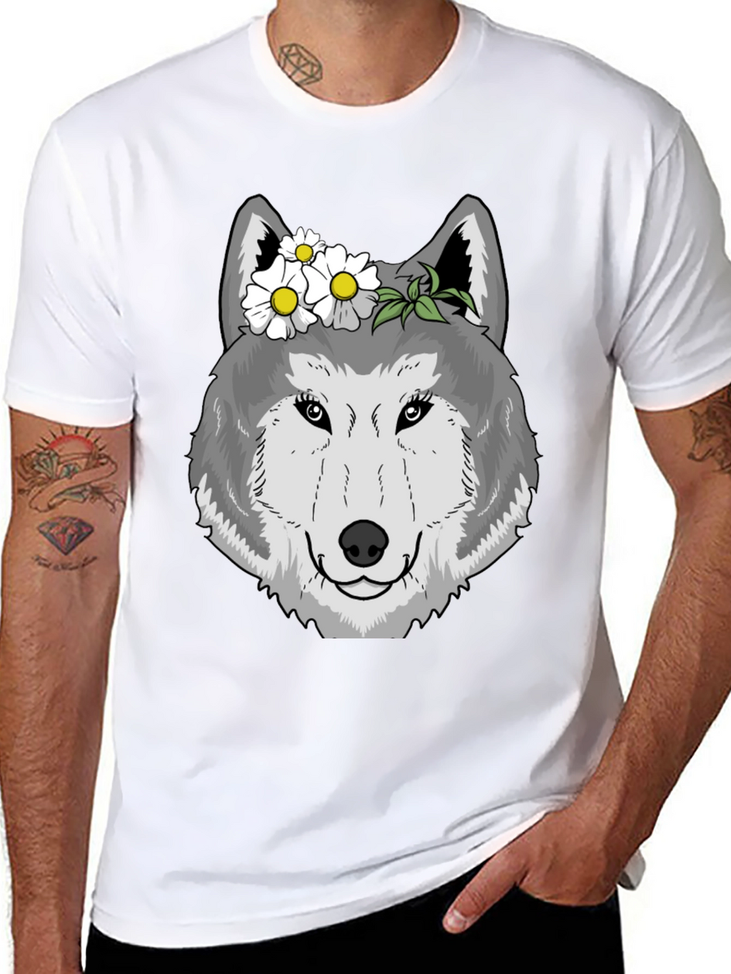 Wolf with Flowers Graphic Tee - Black