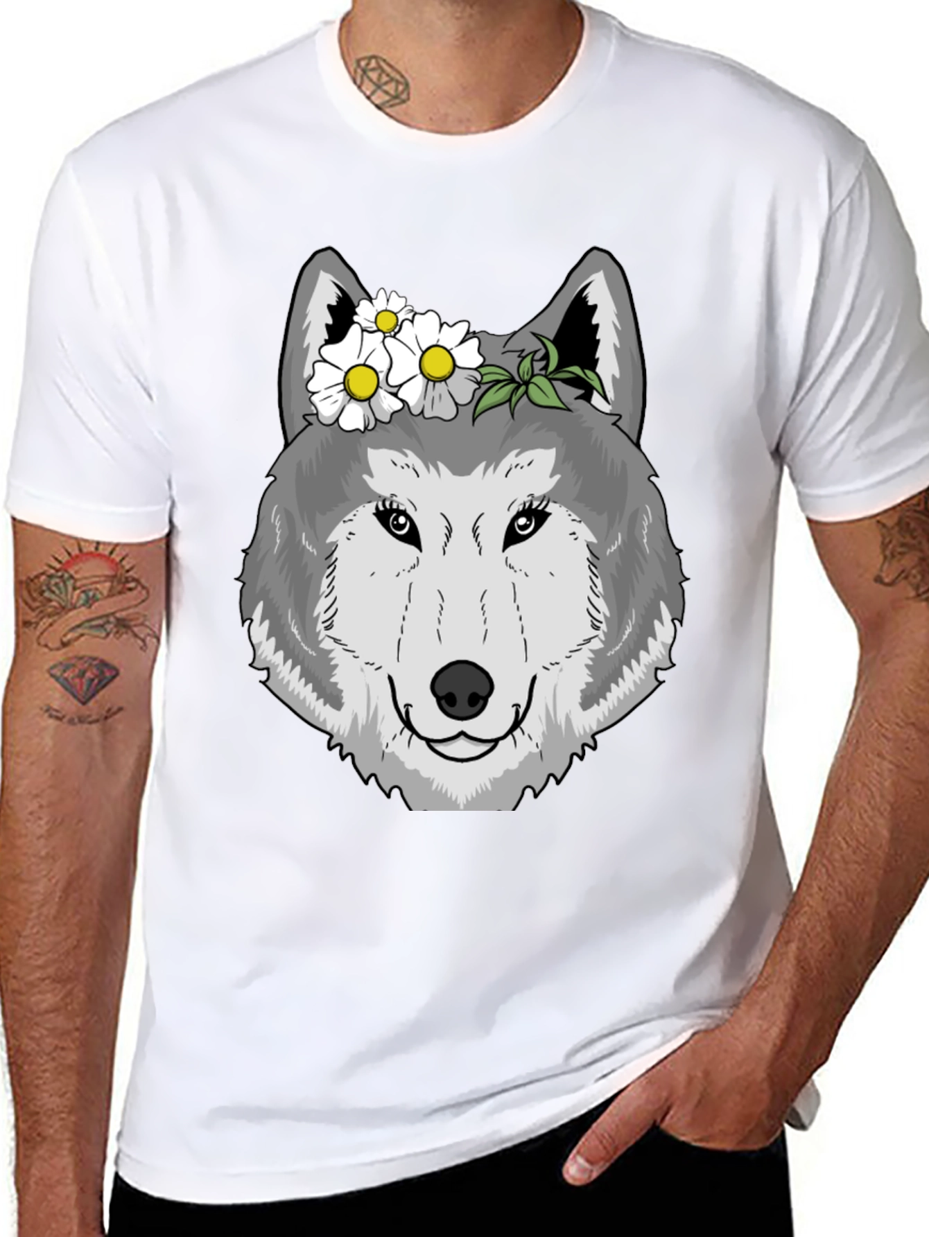Wolf with Flowers Graphic Tee - Black