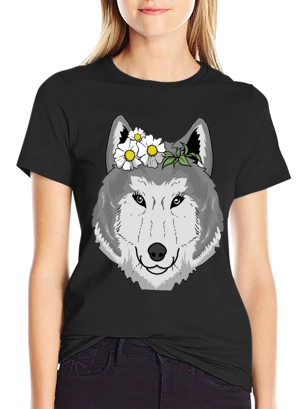 Wolf with Flowers Graphic Tee - Black
