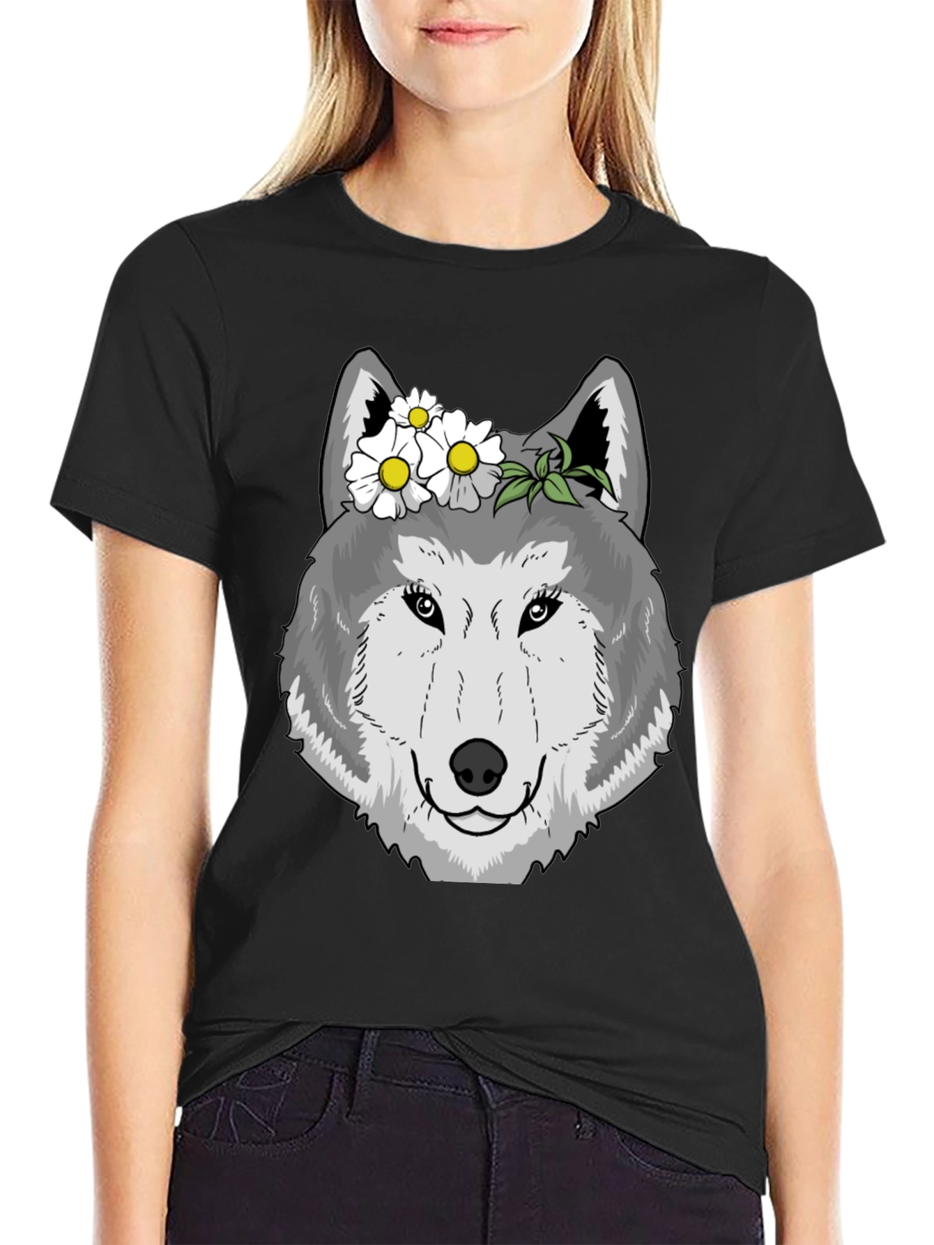 Wolf with Flowers Graphic Tee - Black