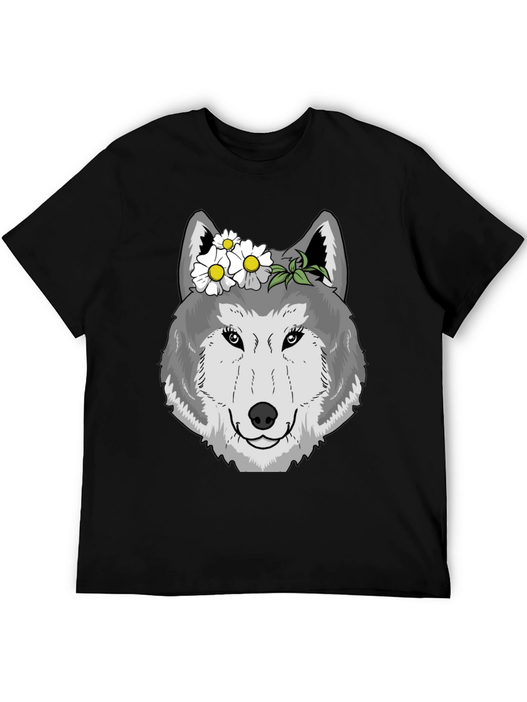 Wolf with Flowers Graphic Tee - Black