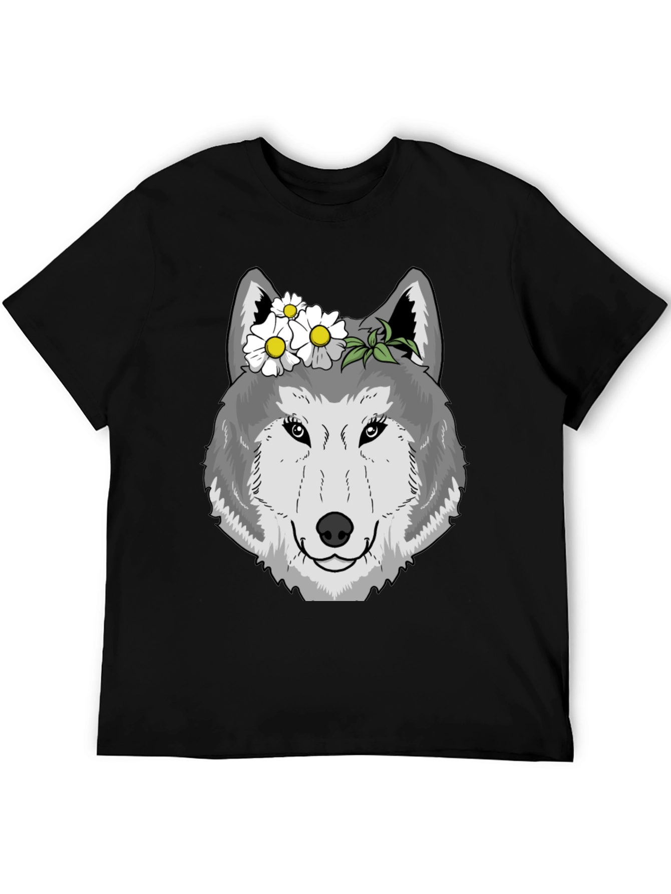 Wolf with Flowers Graphic Tee - Black