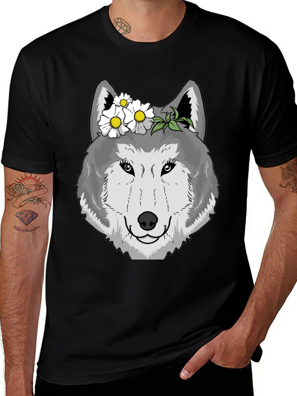 Wolf with Flowers Graphic Tee - Black