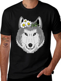 Wolf with Flowers Graphic Tee - Black