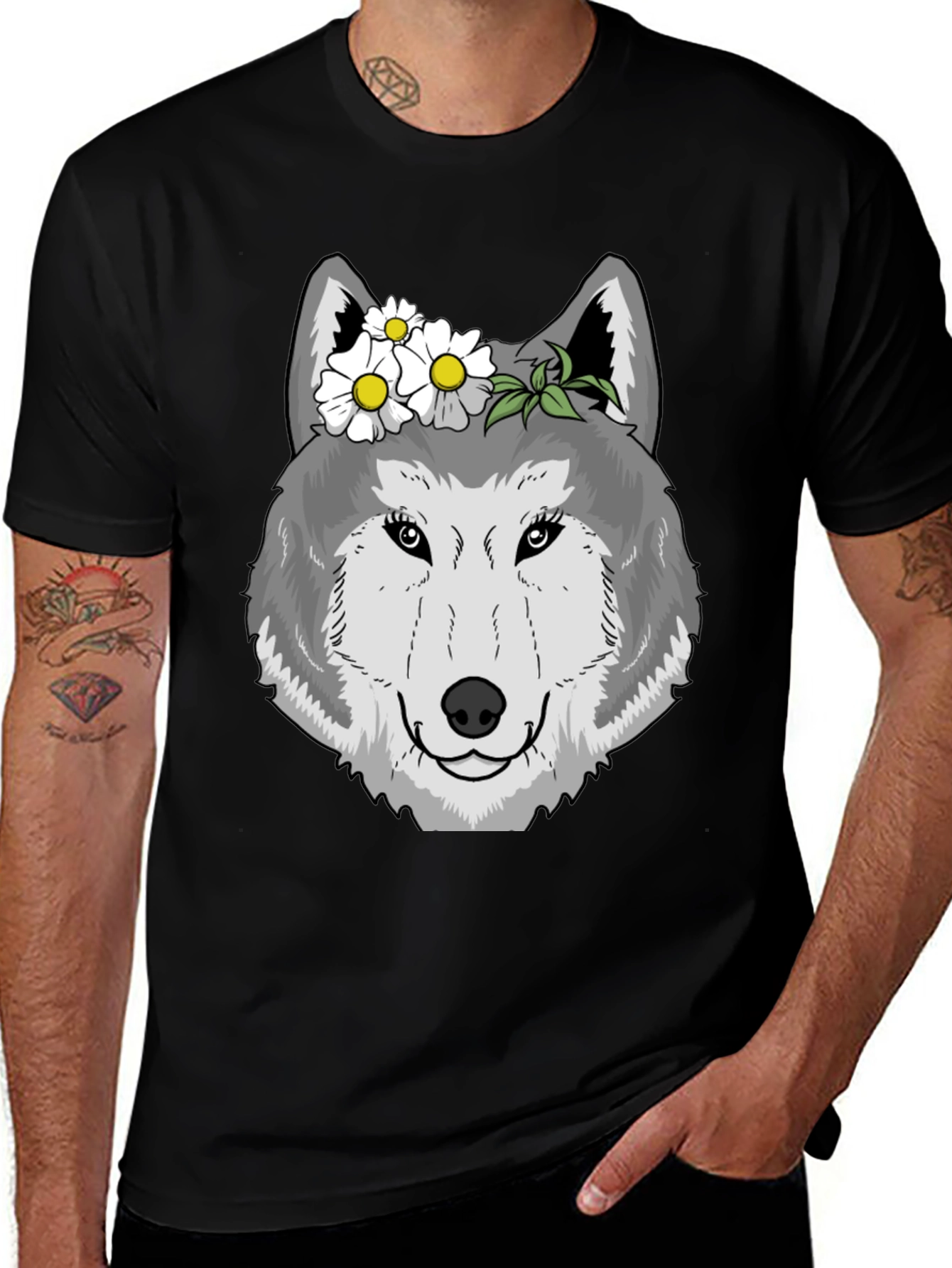 Wolf with Flowers Graphic Tee - Black