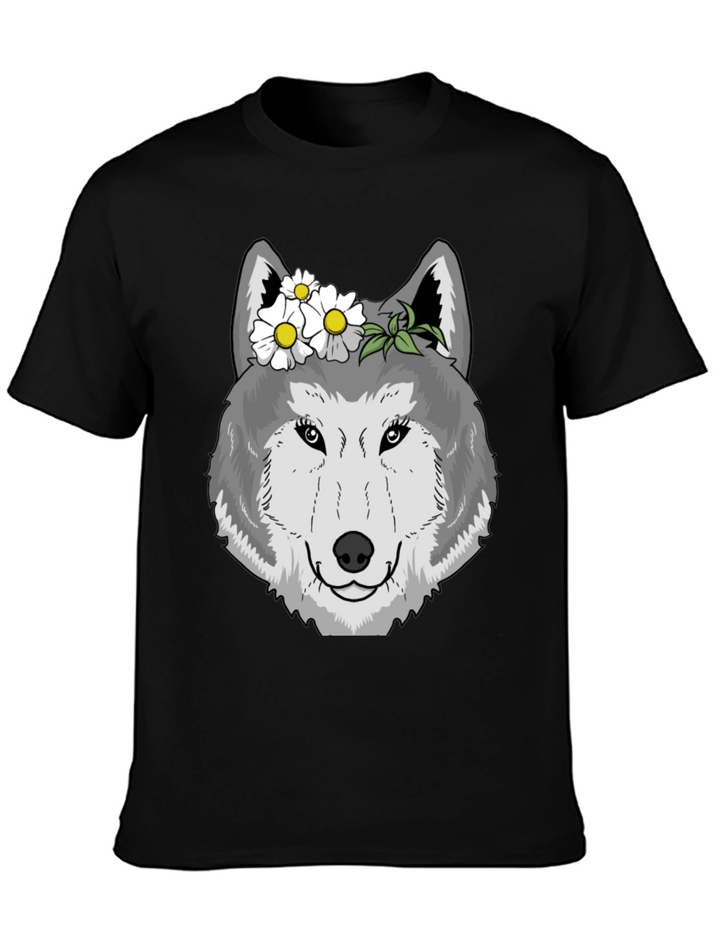 Wolf with Flowers Graphic Tee - Black