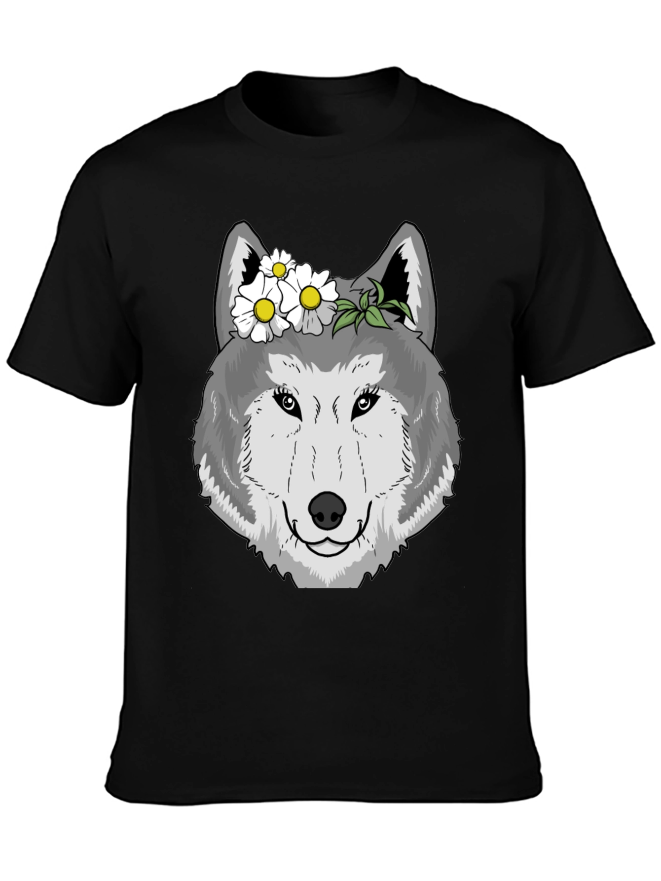 Wolf with Flowers Graphic Tee - Black