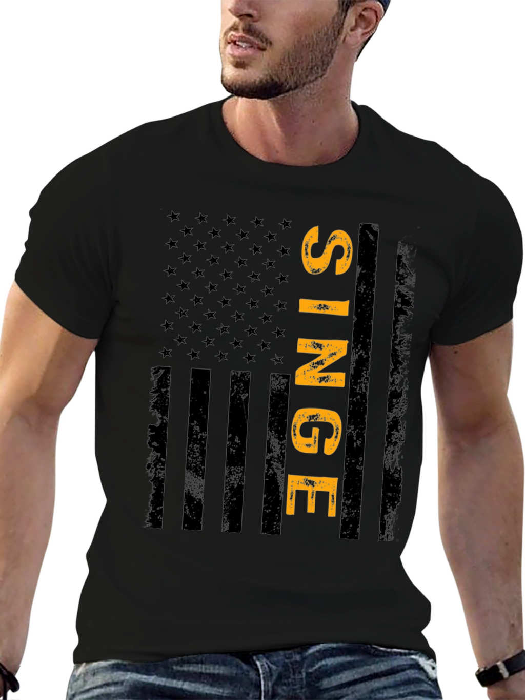 Single American Flag T-Shirt - Black