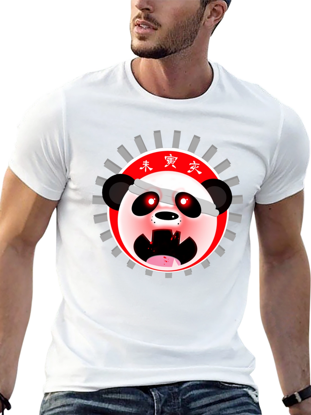 Mens Black T-Shirt with Anime Panda Graphic