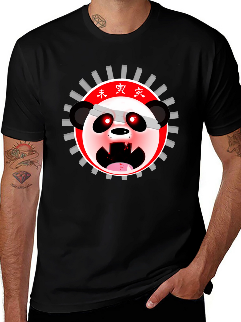 Mens Black T-Shirt with Anime Panda Graphic