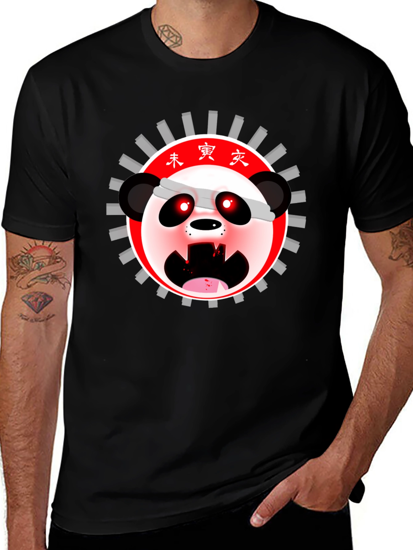 Mens Black T-Shirt with Anime Panda Graphic