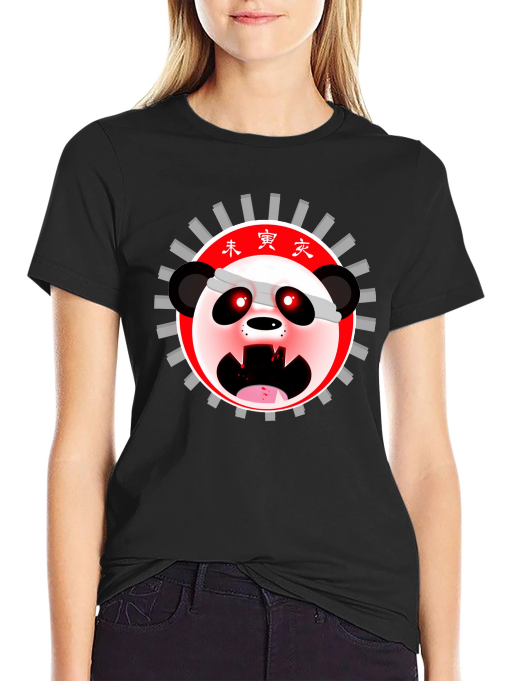 Mens Black T-Shirt with Anime Panda Graphic