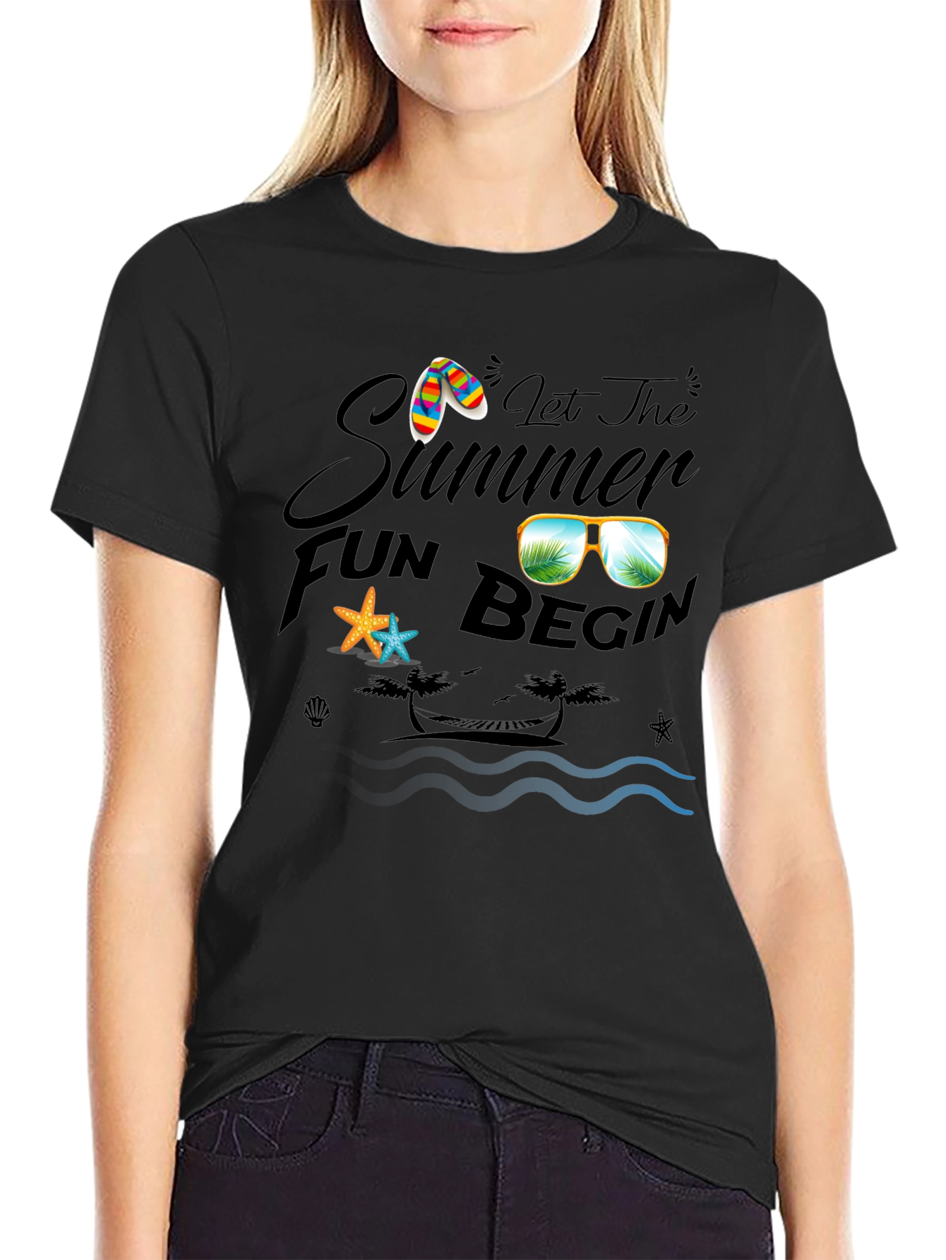 Summer Fun Graphic Tee - Black Cotton Casual T-Shirt