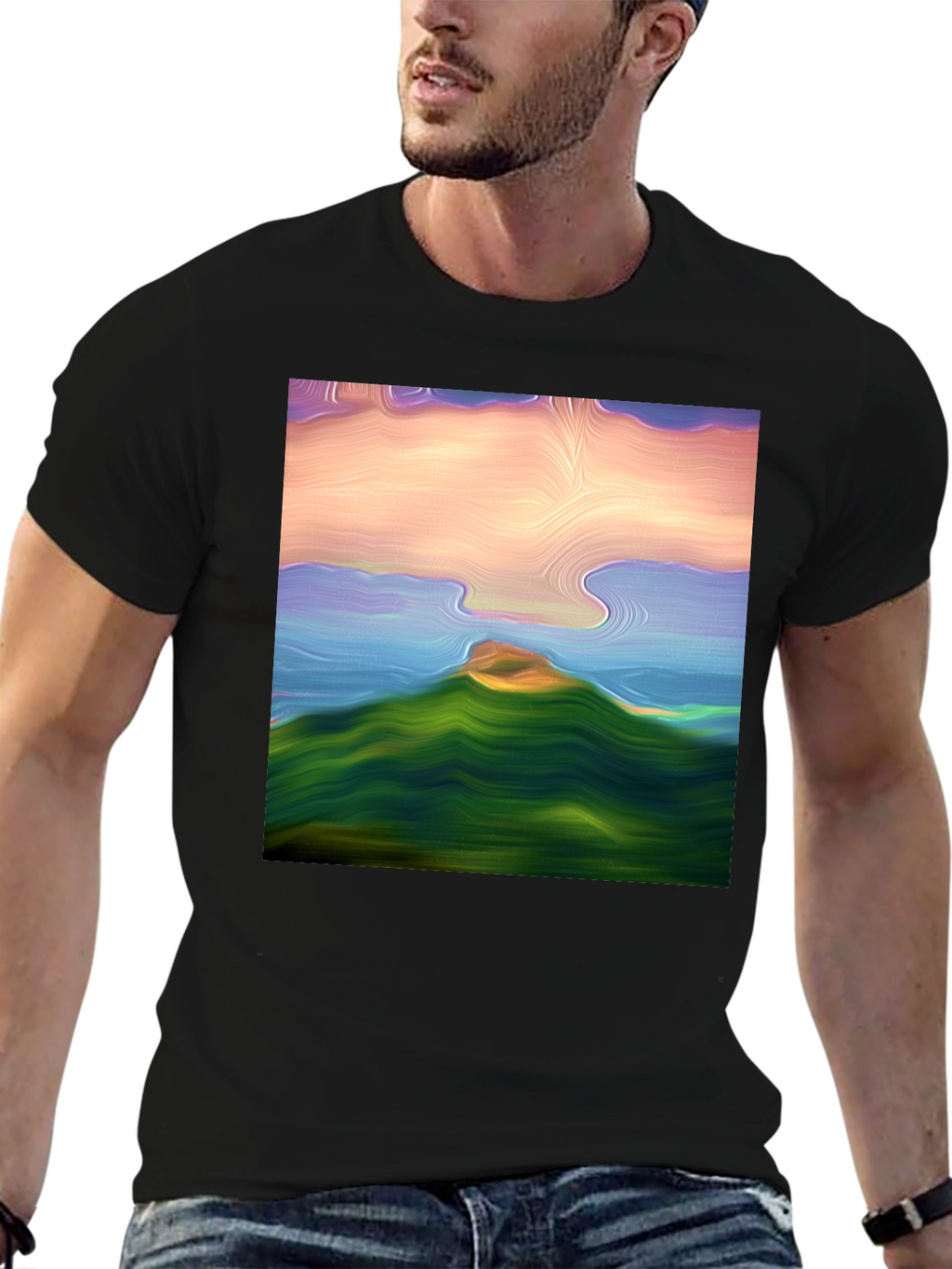 Abstract Landscape Graphic Tee - Black Cotton Blend Shirt
