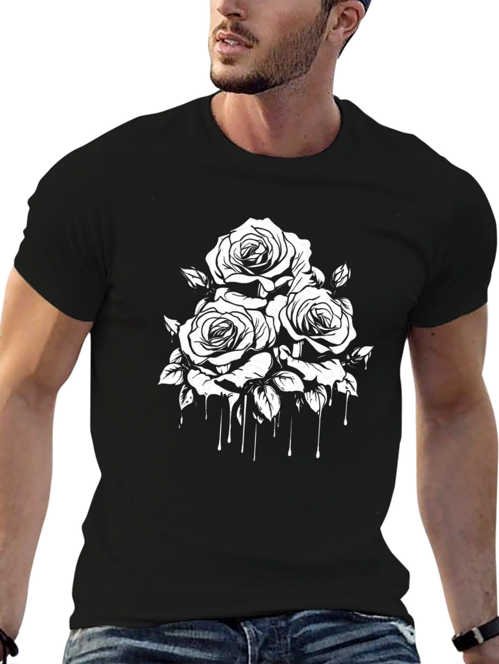 Mens Black T-Shirt with Rose Graphic