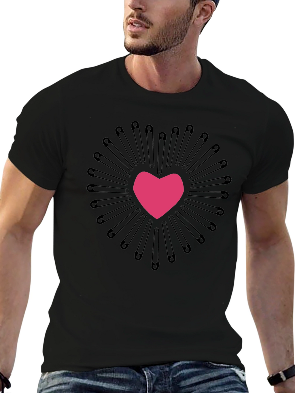 Safety Pin Heart Graphic Tee - Black