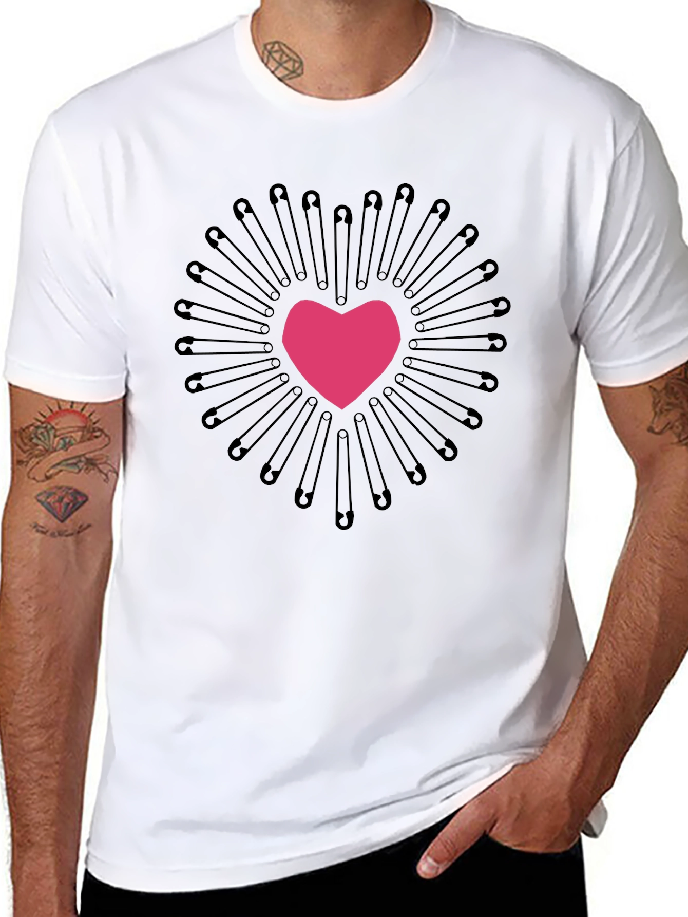 Safety Pin Heart Graphic Tee - Black