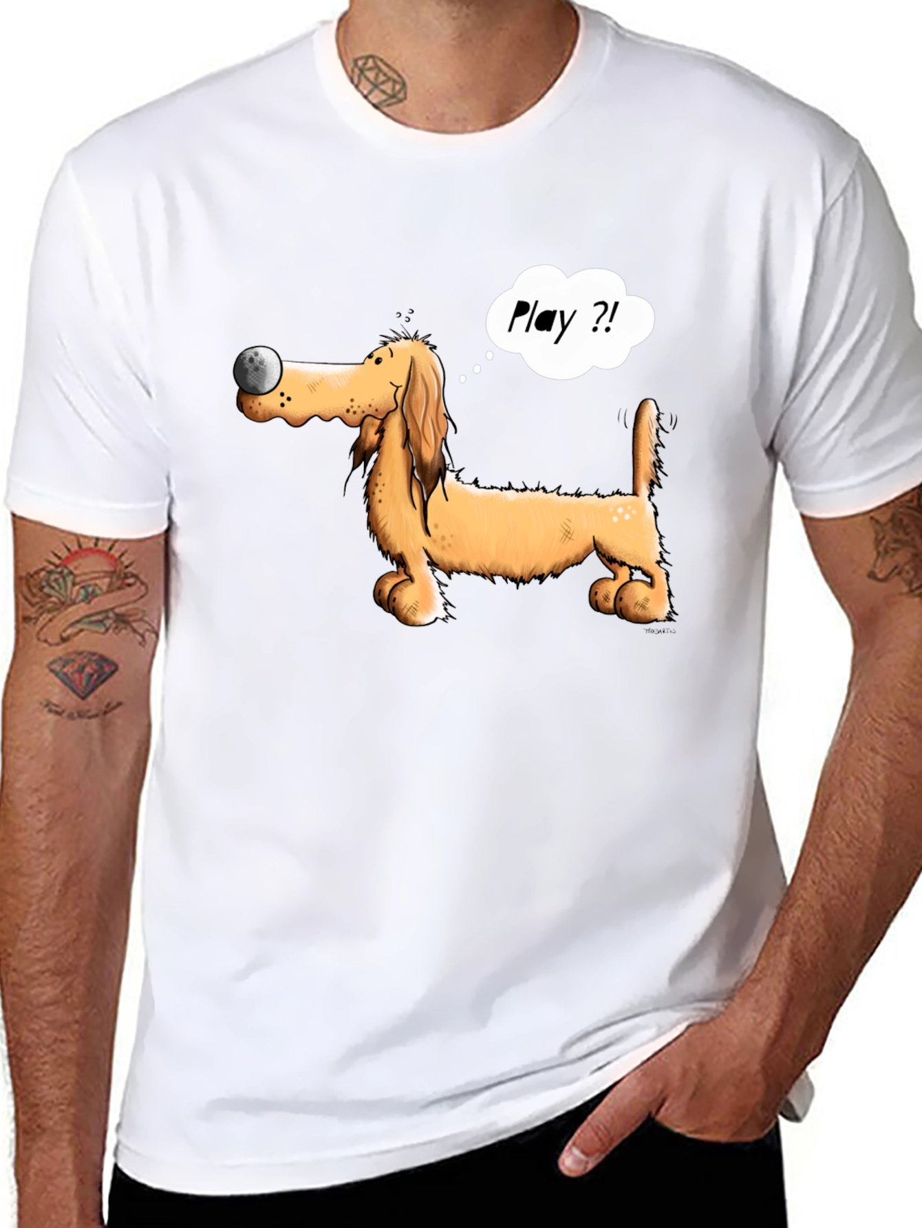 Playful Dog T-Shirt - Cartoon Dachshund with Ball