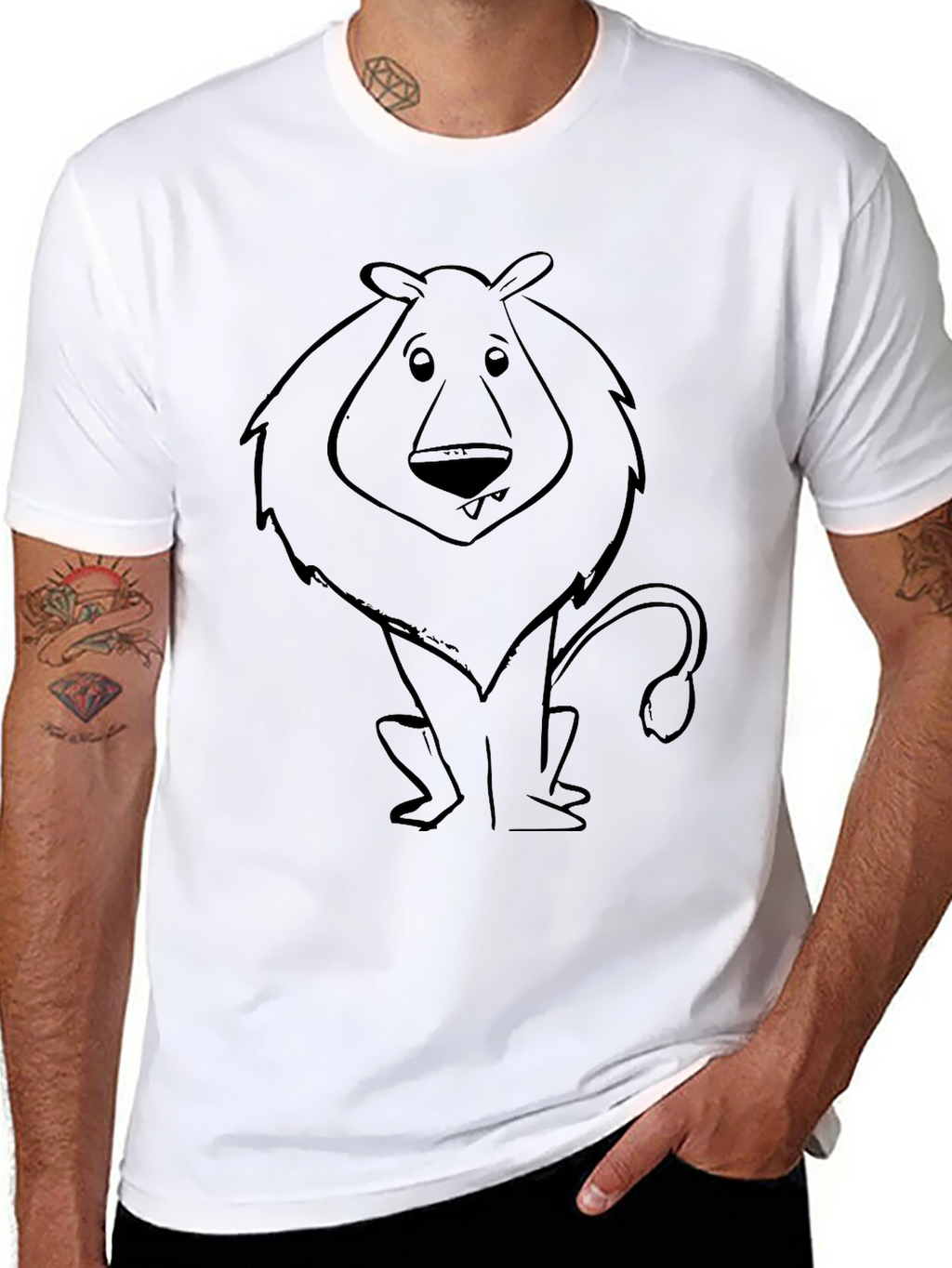 Cartoon Lion Graphic Tee - Black Cotton Blend
