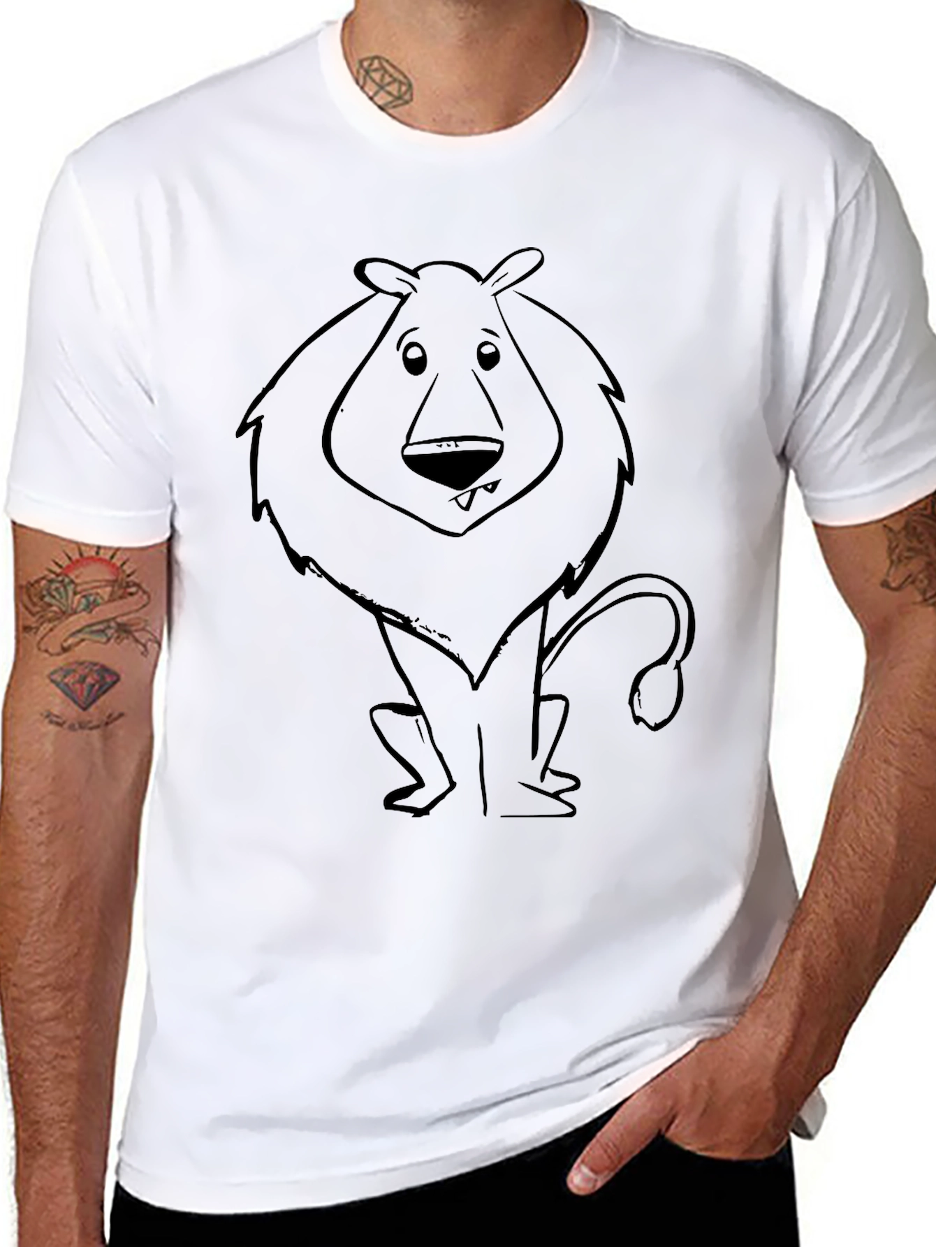 Cartoon Lion Graphic Tee - Black Cotton Blend