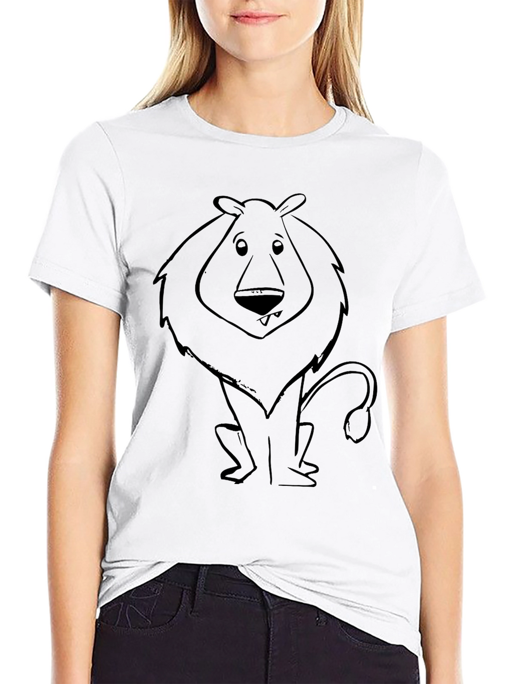 Cartoon Lion Graphic Tee - Black Cotton Blend