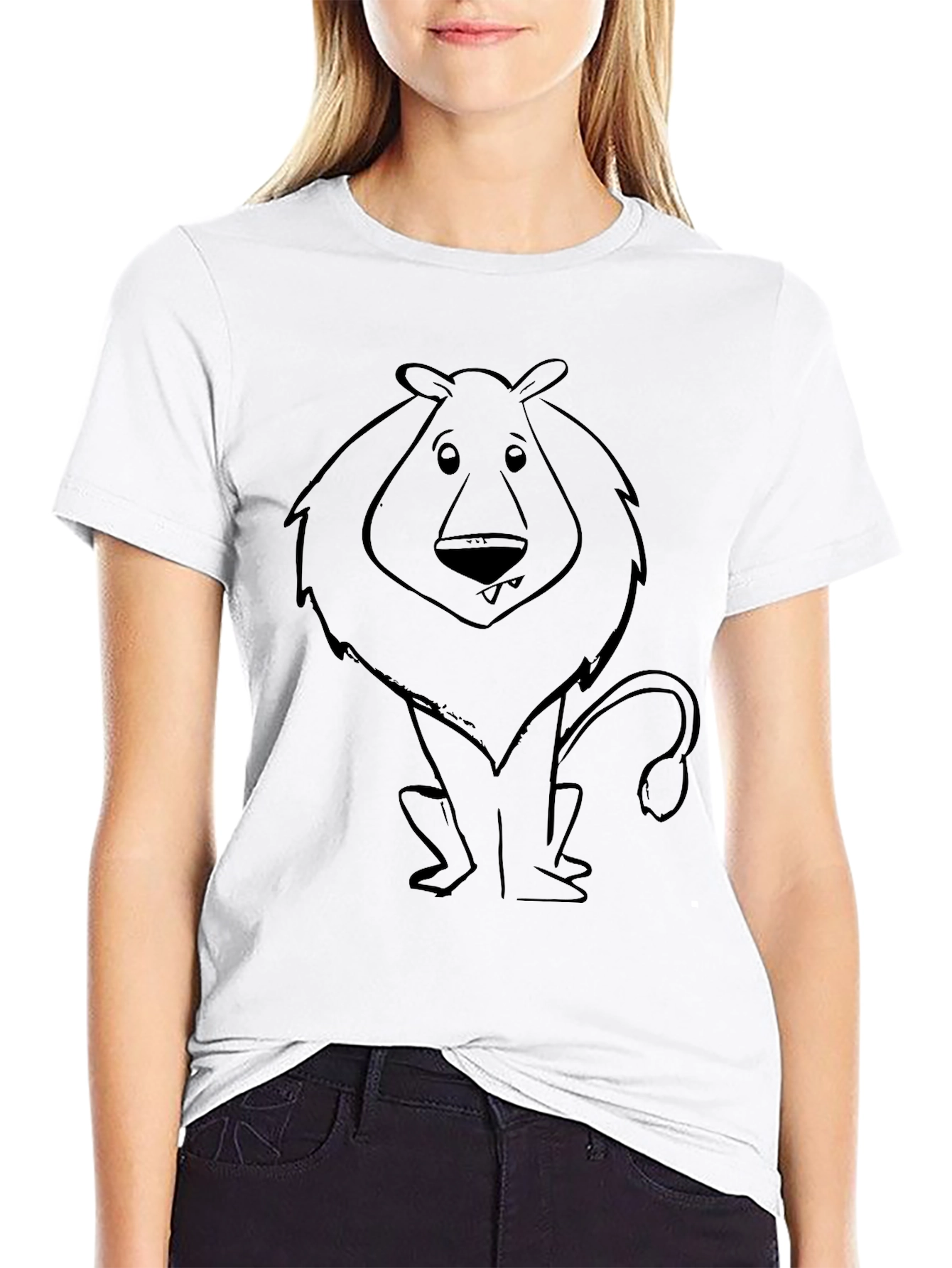 Cartoon Lion Graphic Tee - Black Cotton Blend