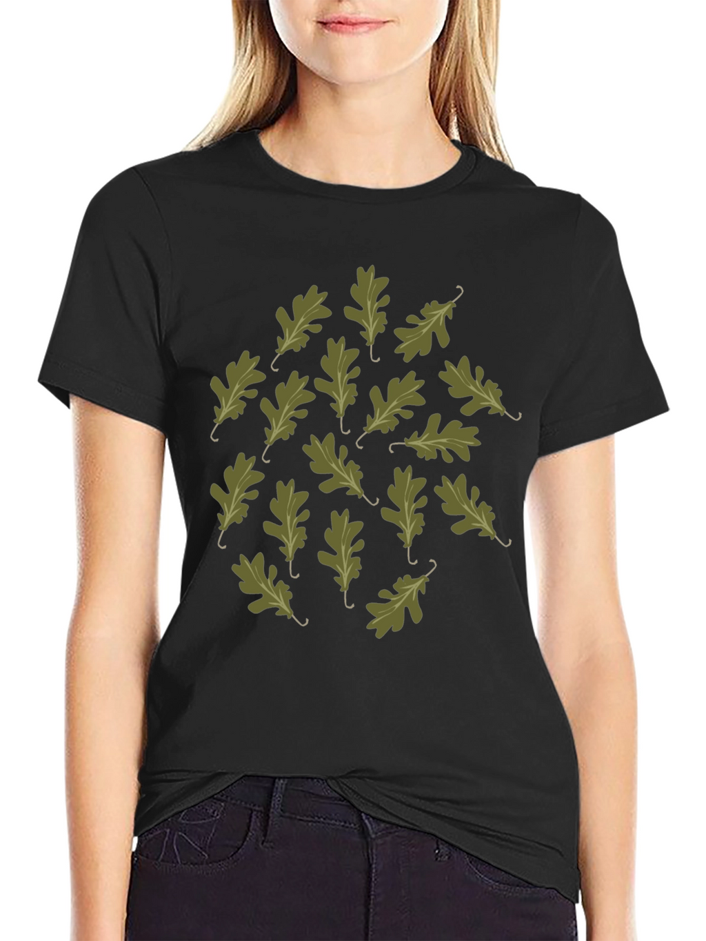 Oak Leaf Pattern Black T-Shirt