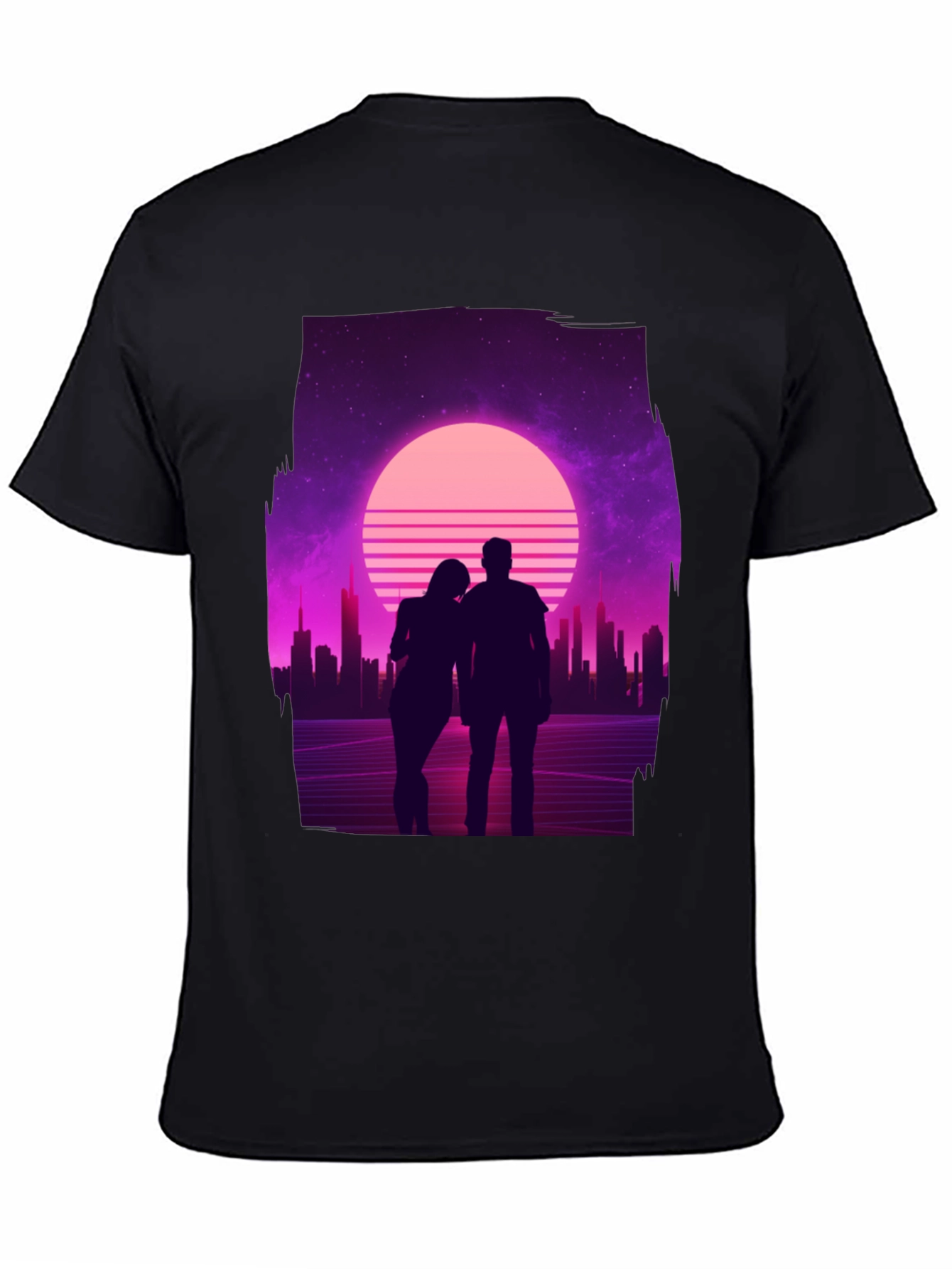 Retro Sunset Couple T-Shirt - Black