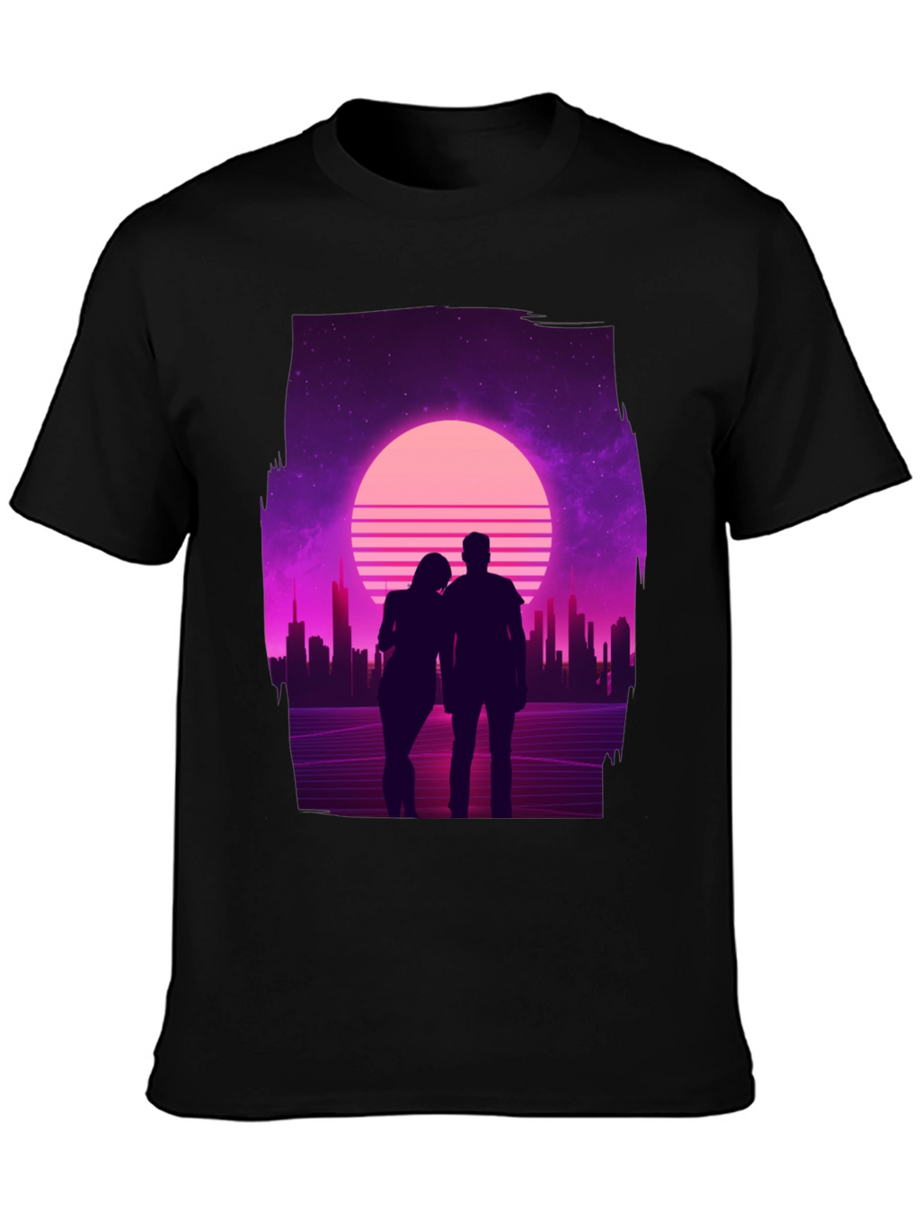Retro Sunset Couple T-Shirt - Black