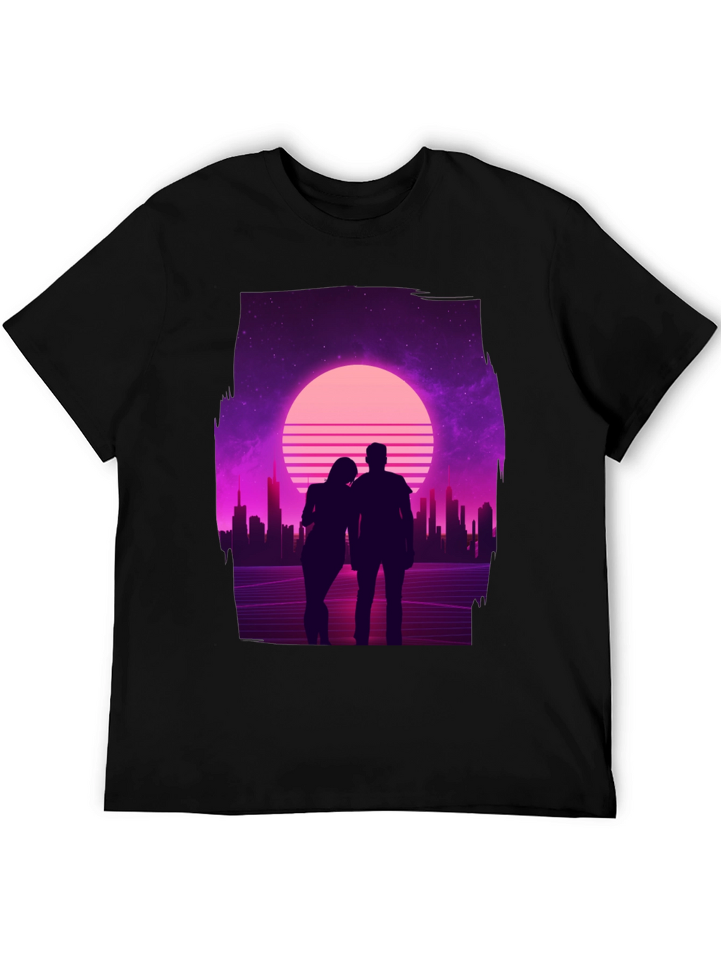 Retro Sunset Couple T-Shirt - Black