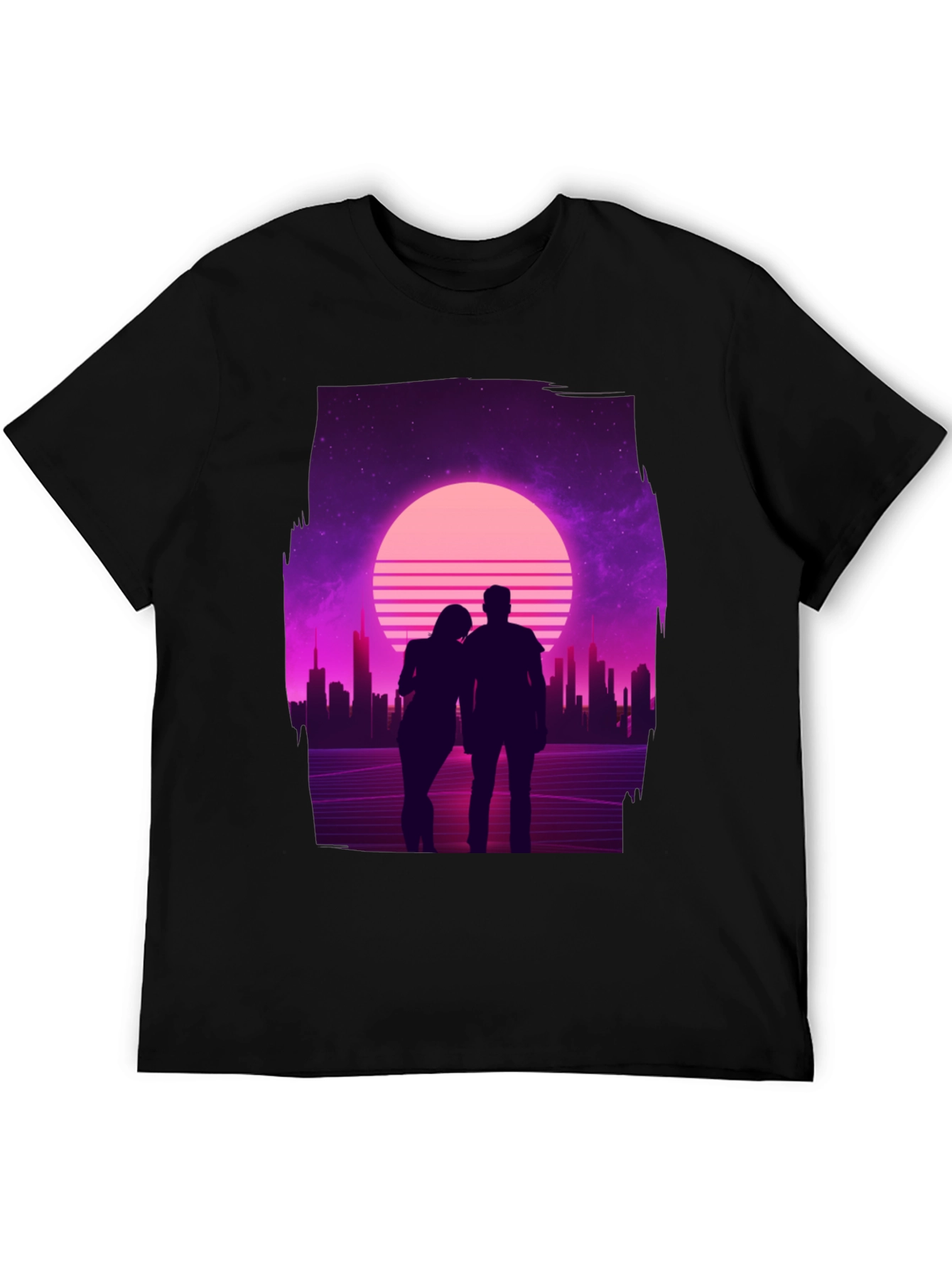 Retro Sunset Couple T-Shirt - Black